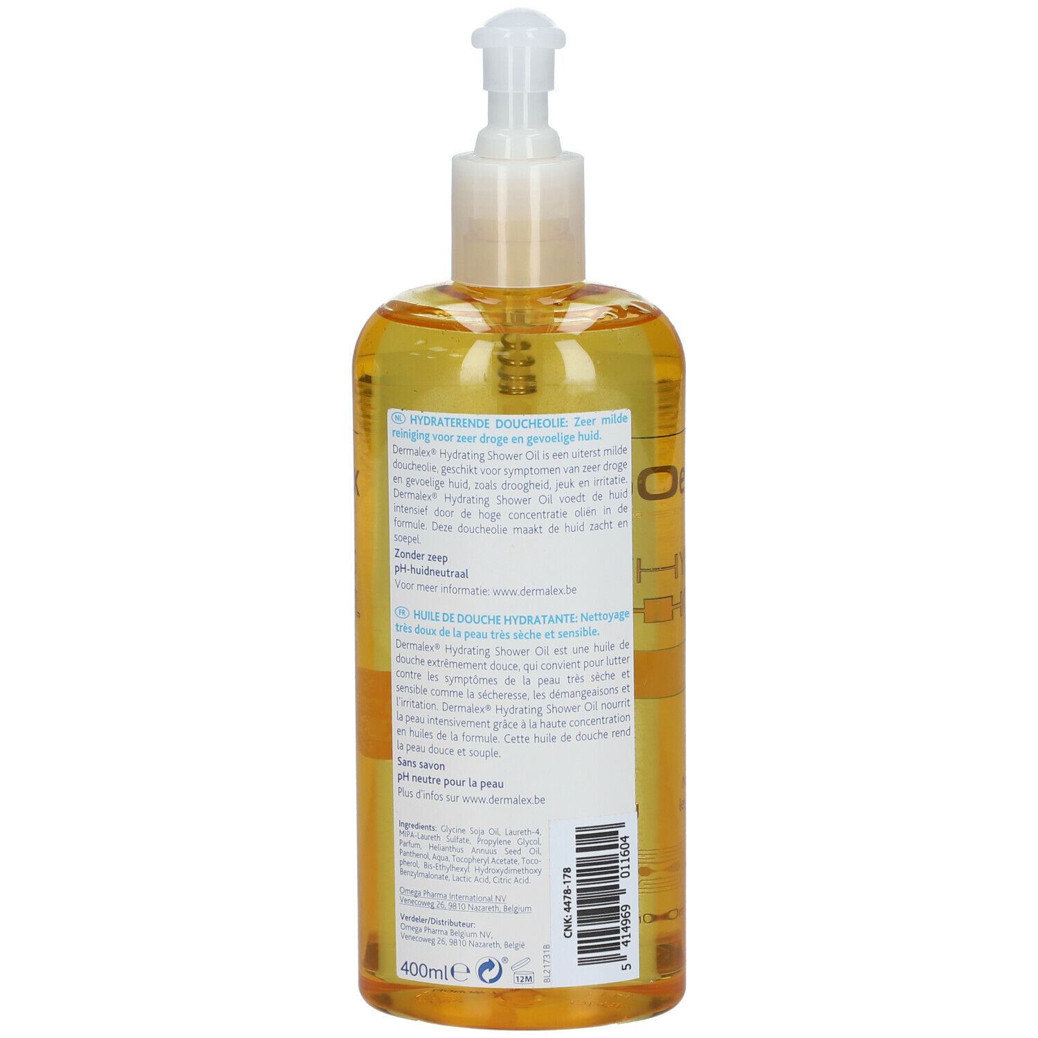 Dermalex Huile de Douche Hydratante. Dos du flacon avec texte. Liquide jaune. Inscription : 400ml.