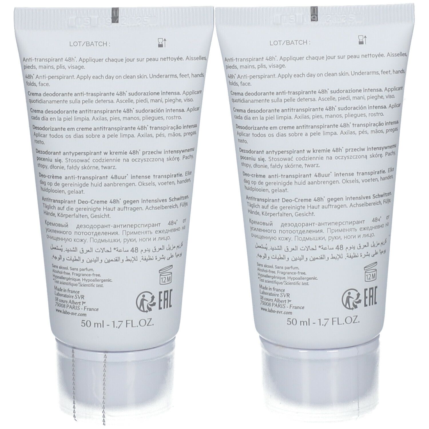 Dos de deux tubes de crème déodorante. Blanc, texte multilingue. Marque SVR. Texte: 50 ml - 1.7 FL.OZ.
