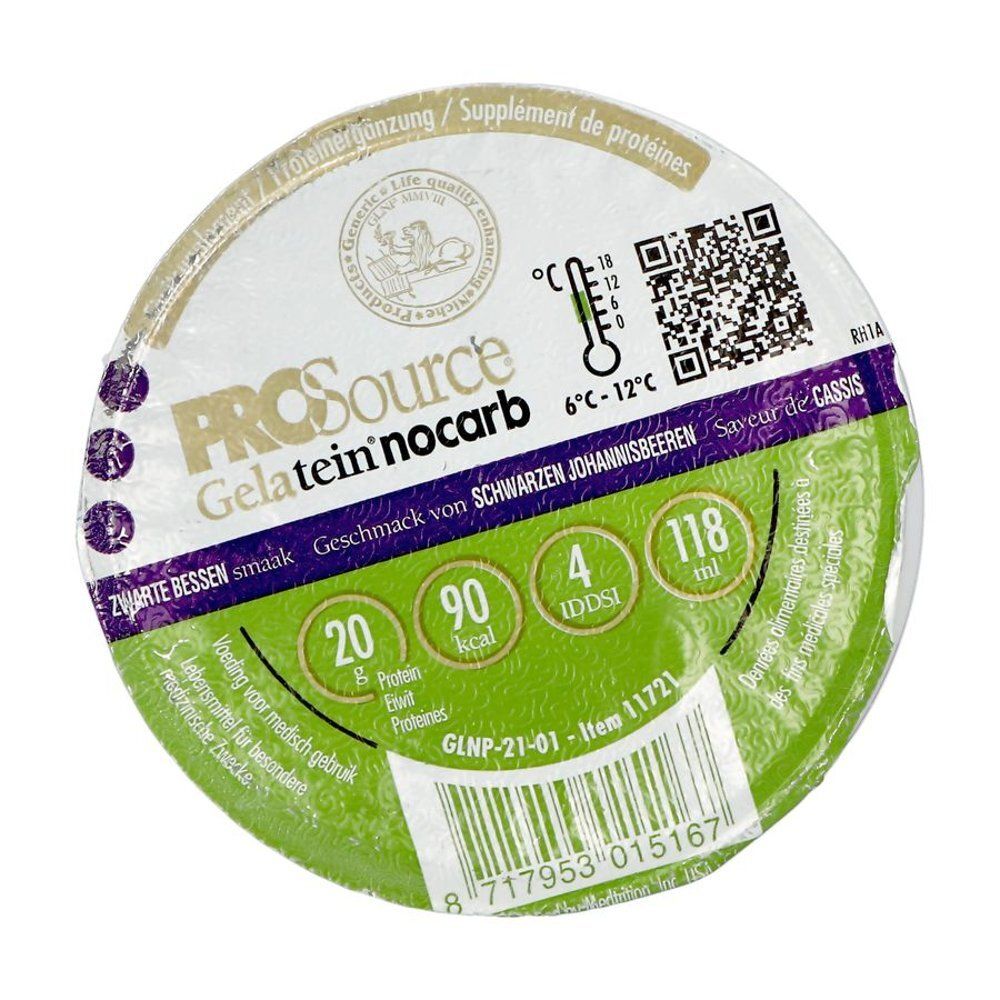 Couvercle rond avec inscription: PROsource Gelatein nocarb, goût cassis. Informations nutritionnelles et température.