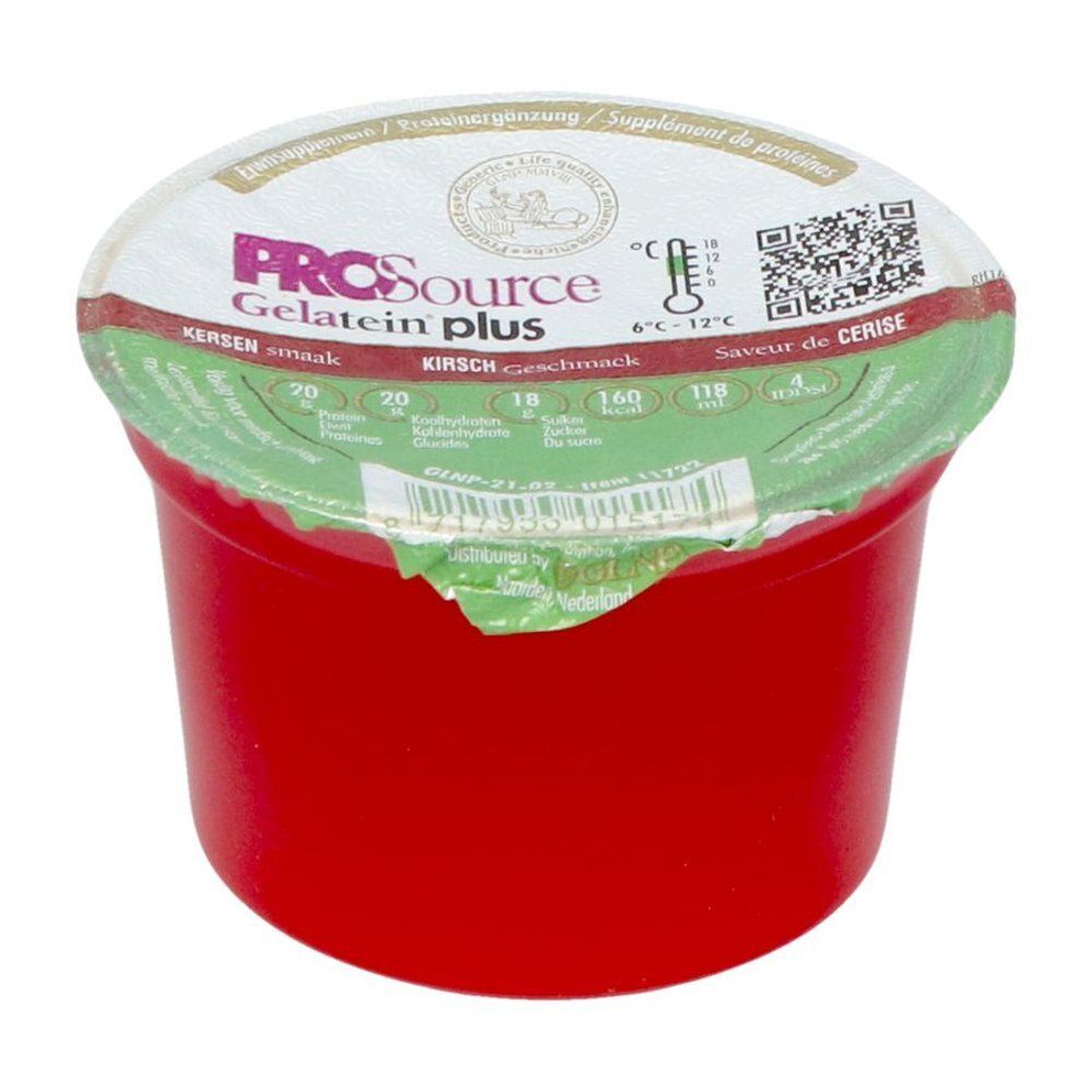 Gobelet rouge avec couvercle. Inscription PROsource Gelatein plus. Couvercle avec code QR et indication de température.