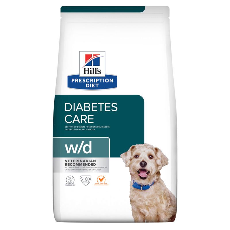 Sac de nourriture pour chiens avec nom de produit et chien. Inscription : Diabetes Care w/d. Recommandé par les vétérinaires. Au poulet.