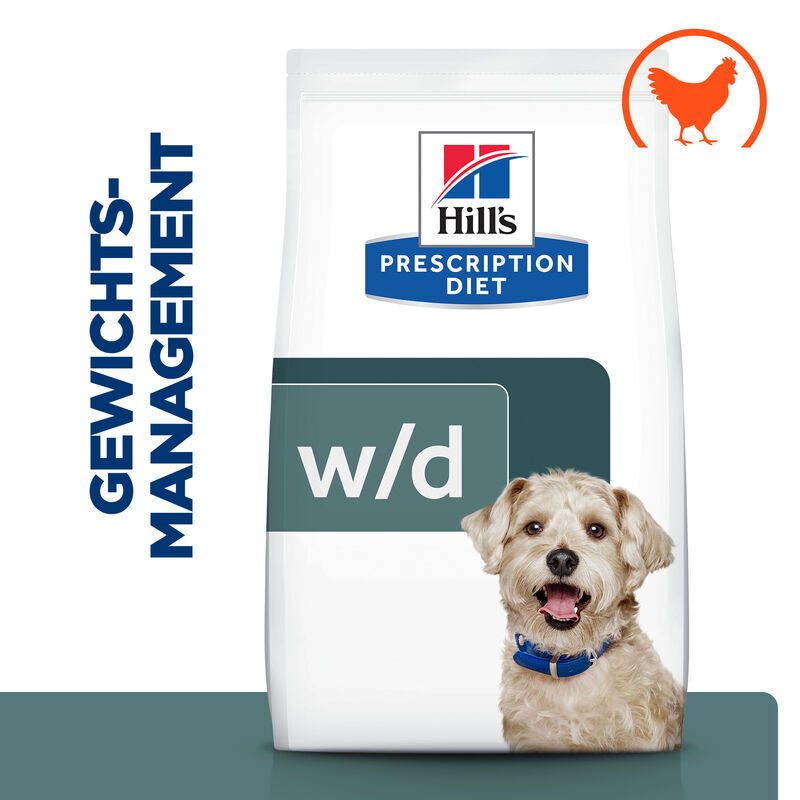 Sac de nourriture pour chiens avec chien. Inscription : Gestion du poids w/d. Avec symbole de poulet. Hill's Prescription Diet.