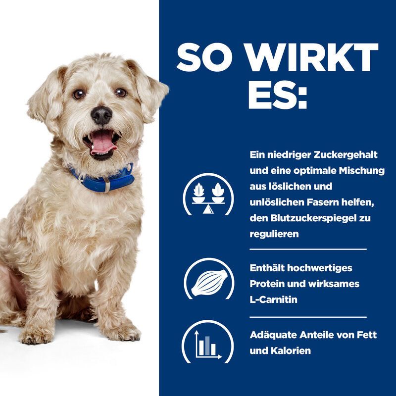 Chien avec texte. Texte : Comment ça marche : faible teneur en sucre, mélange optimal de fibres, protéines de haute qualité, L-carnitine, graisses et calories.
