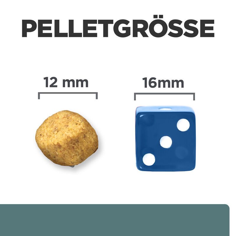 Comparaison de la taille des granulés : granulé de 12 mm et cube de 16 mm.