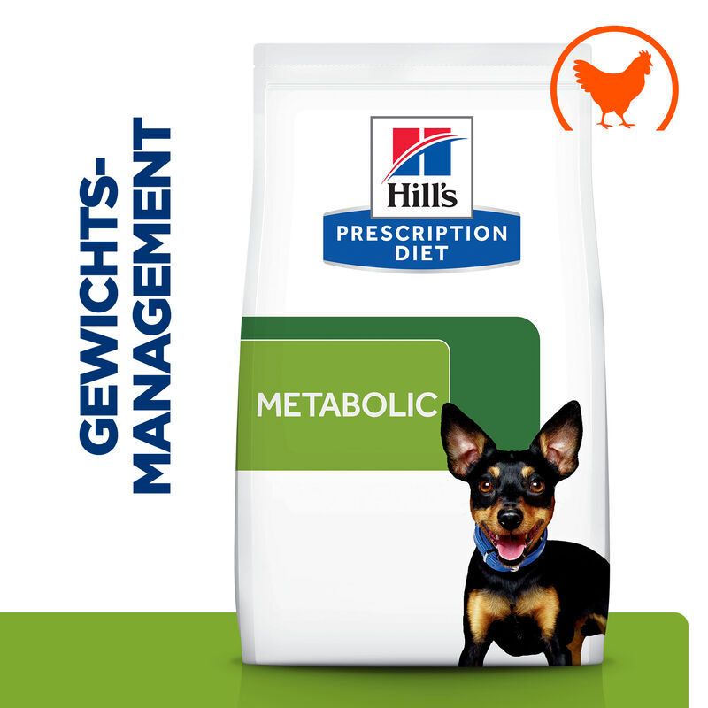 Hill's Prescription Diet Metabolic Mini. Sac de nourriture pour chien avec symbole de poulet et chien. Contrôle du poids.