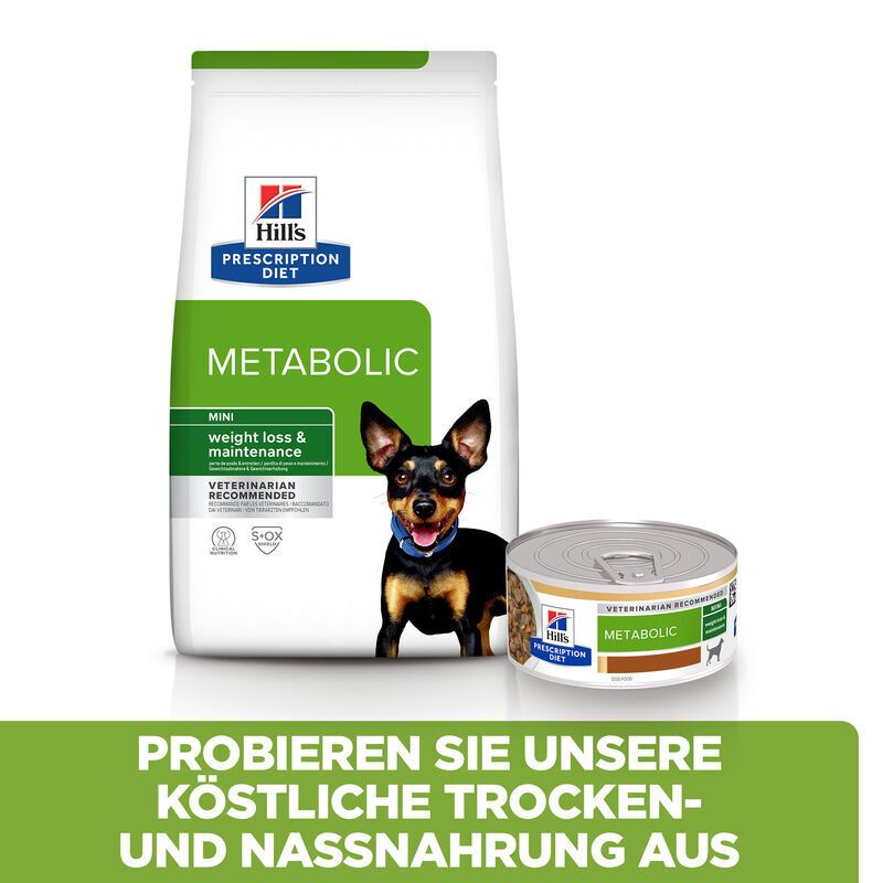 Hill's Prescription Diet Metabolic Mini. Sac et boîte de nourriture. Texte : Essayez nos délicieuses nourritures sèches et humides.