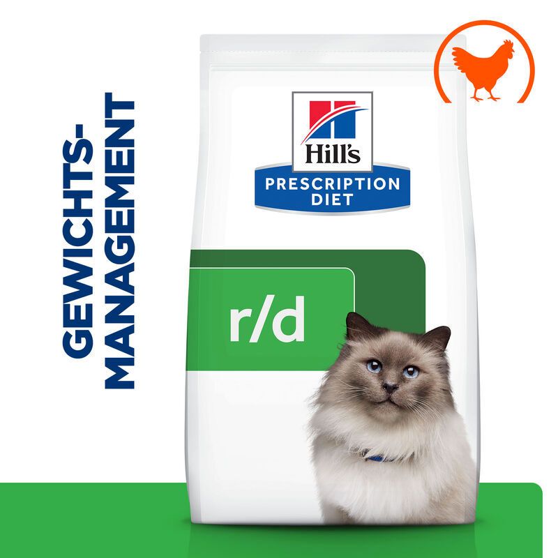 Sac blanc de Hill's Prescription Diet r/d pour chats. Texte : Gestion du poids, r/d. En haut à droite : symbole de poulet. Image d'un chat.