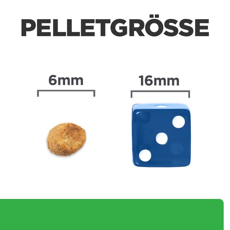 Taille des granulés : 6 mm et 16 mm. À gauche : granulé brun. À droite : cube bleu avec 3 points blancs.