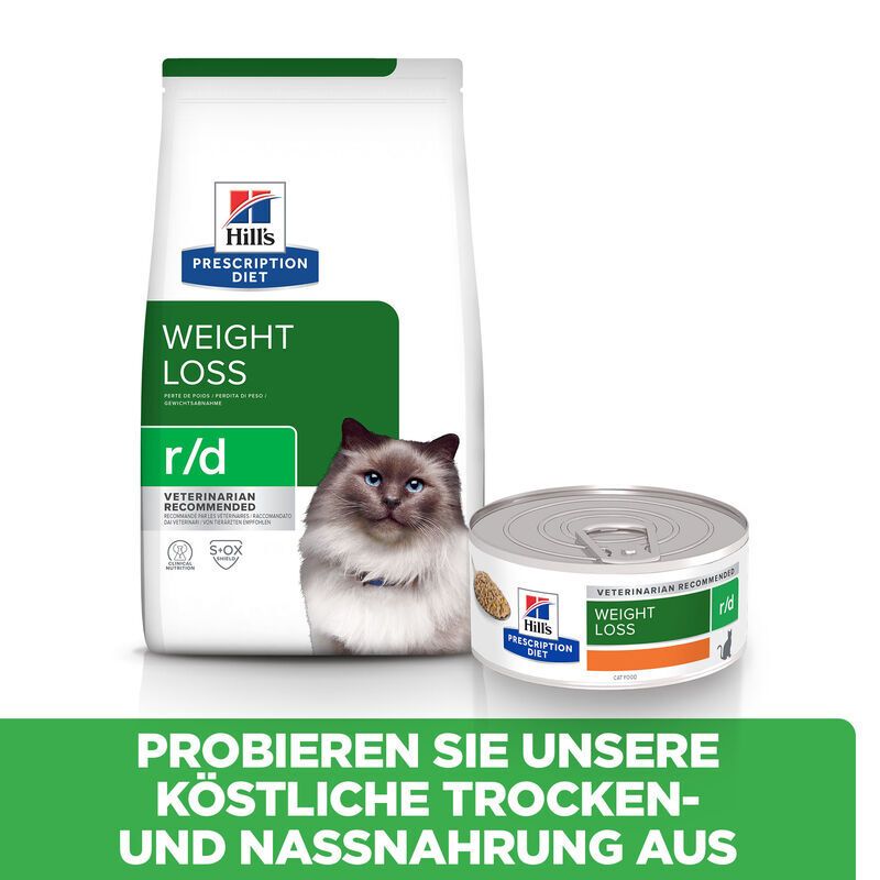Sac et boîte de Hill's Prescription Diet r/d pour chats. Texte : Weight Loss, r/d, Veterinarian Recommended. Texte : Essayez nos délicieux aliments secs et humides.