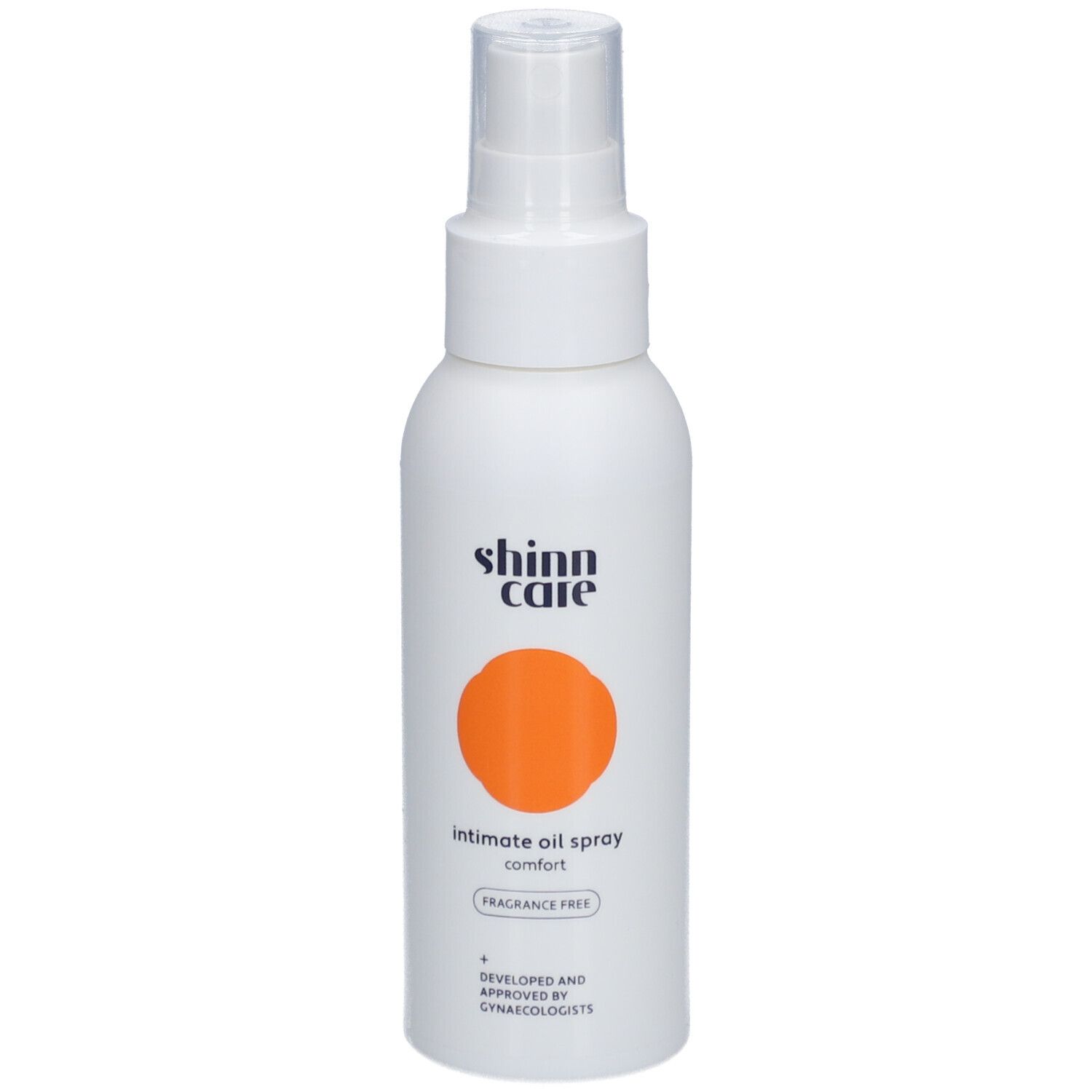 Flacon blanc avec vaporisateur. Cercle orange. Texte : Intimate oil spray, sans parfum.
