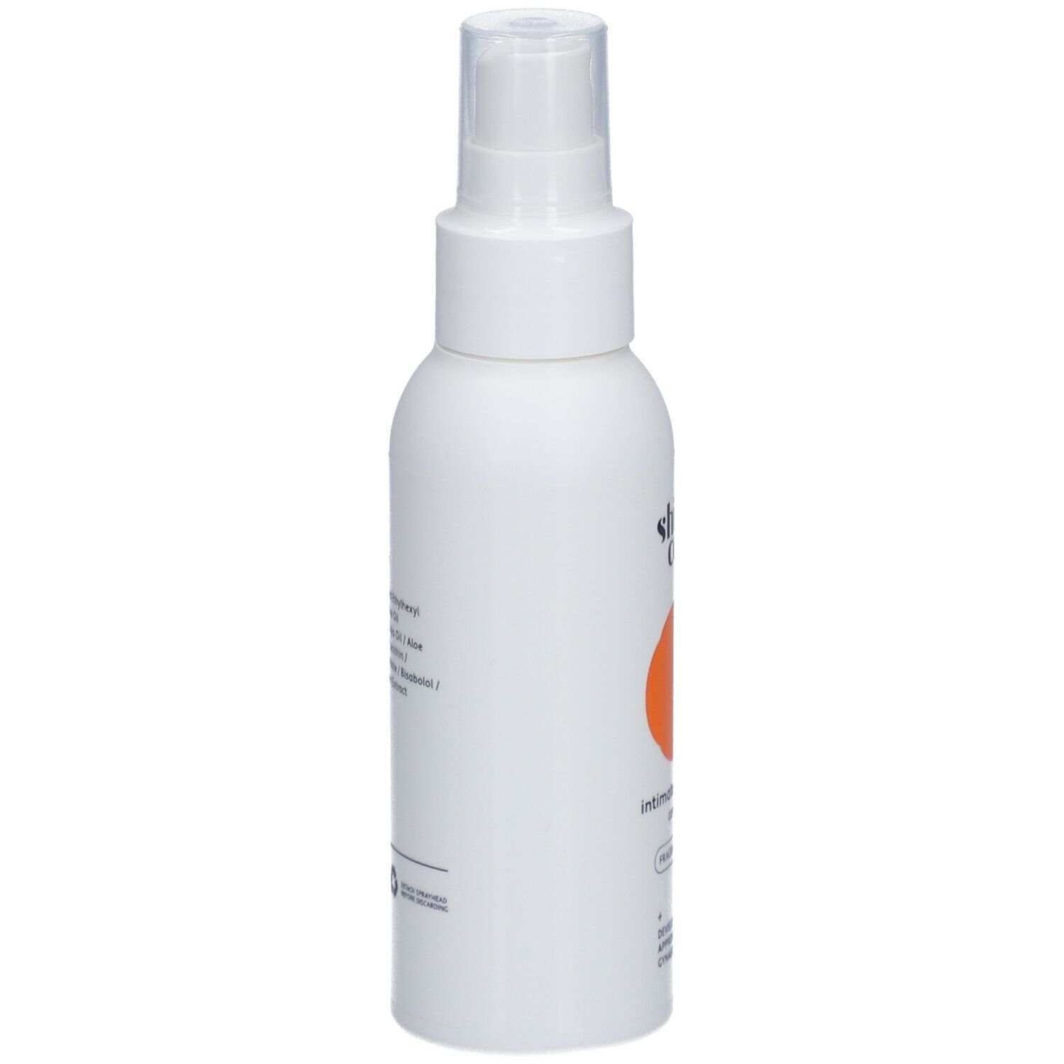 Flacon blanc avec vaporisateur. Cercle orange. Texte : Intimate oil spray, sans parfum.