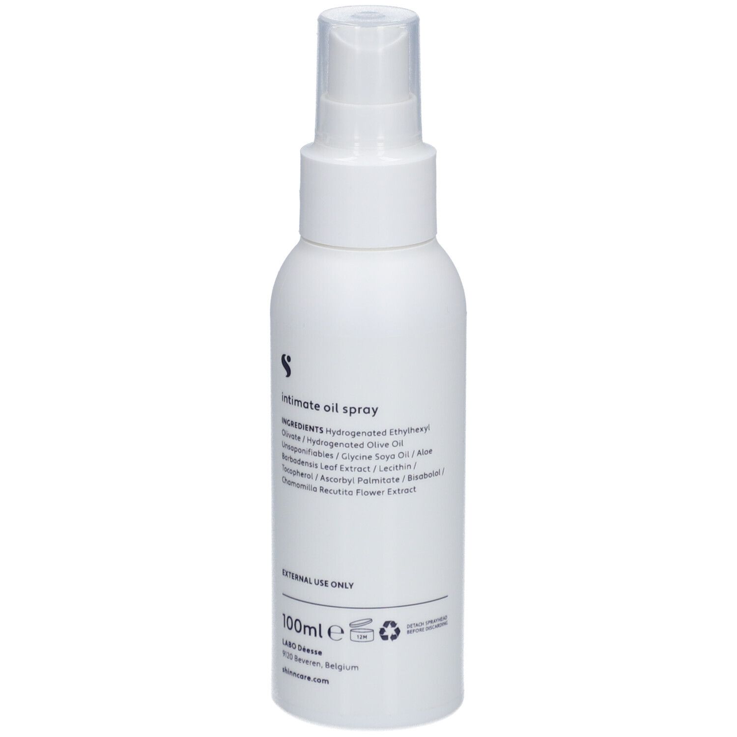 Flacon blanc avec vaporisateur. Texte : Ingrédients, 100ml. Pour usage externe uniquement.