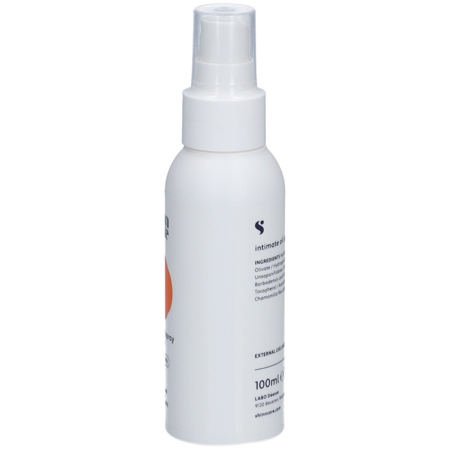 Flacon blanc avec vaporisateur. Cercle orange. Texte : Intimate oil spray, 100ml.