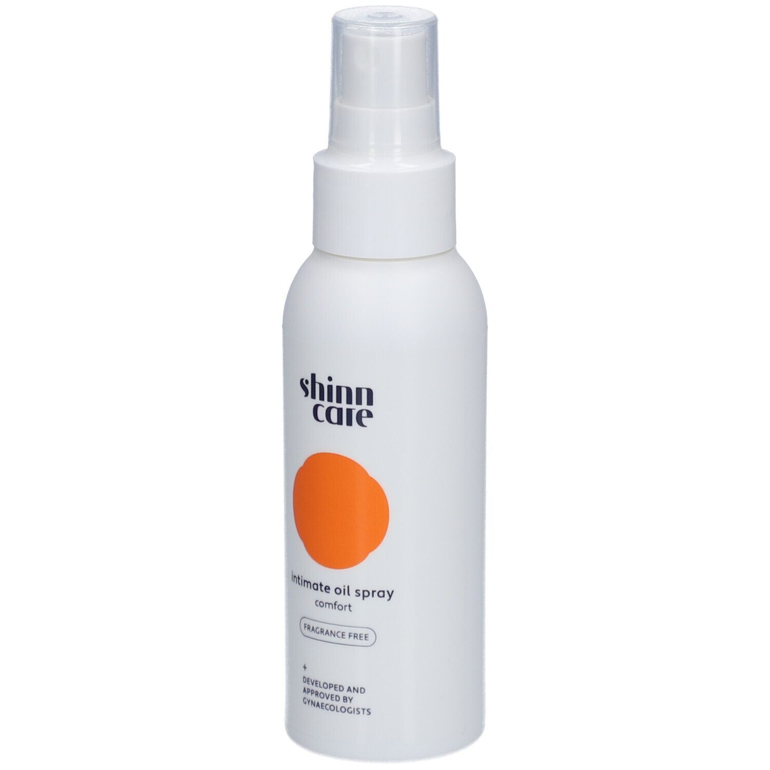 Flacon blanc avec vaporisateur. Cercle orange. Texte : Intimate oil spray, sans parfum.