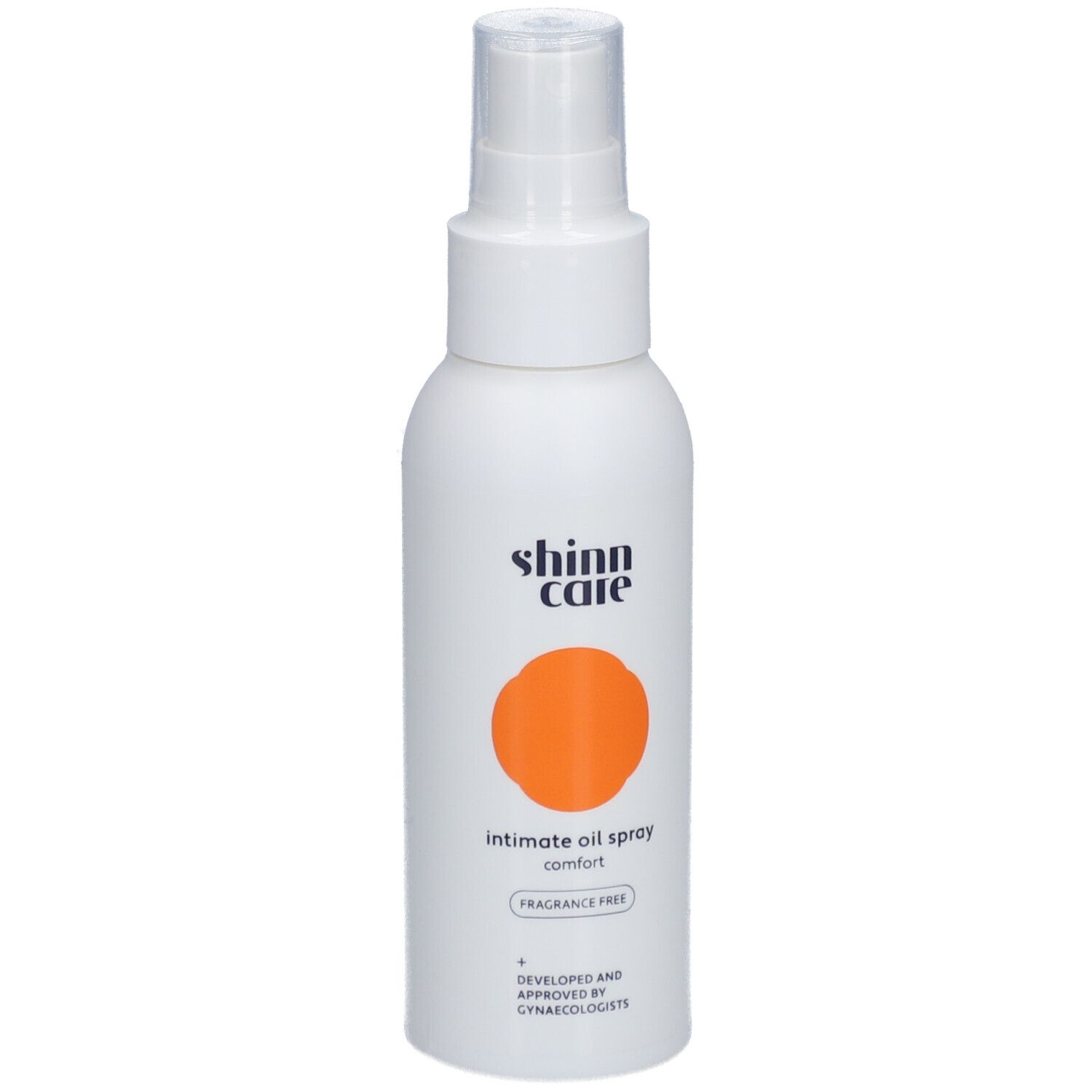 Flacon blanc avec vaporisateur. Cercle orange. Texte : Intimate oil spray, sans parfum.