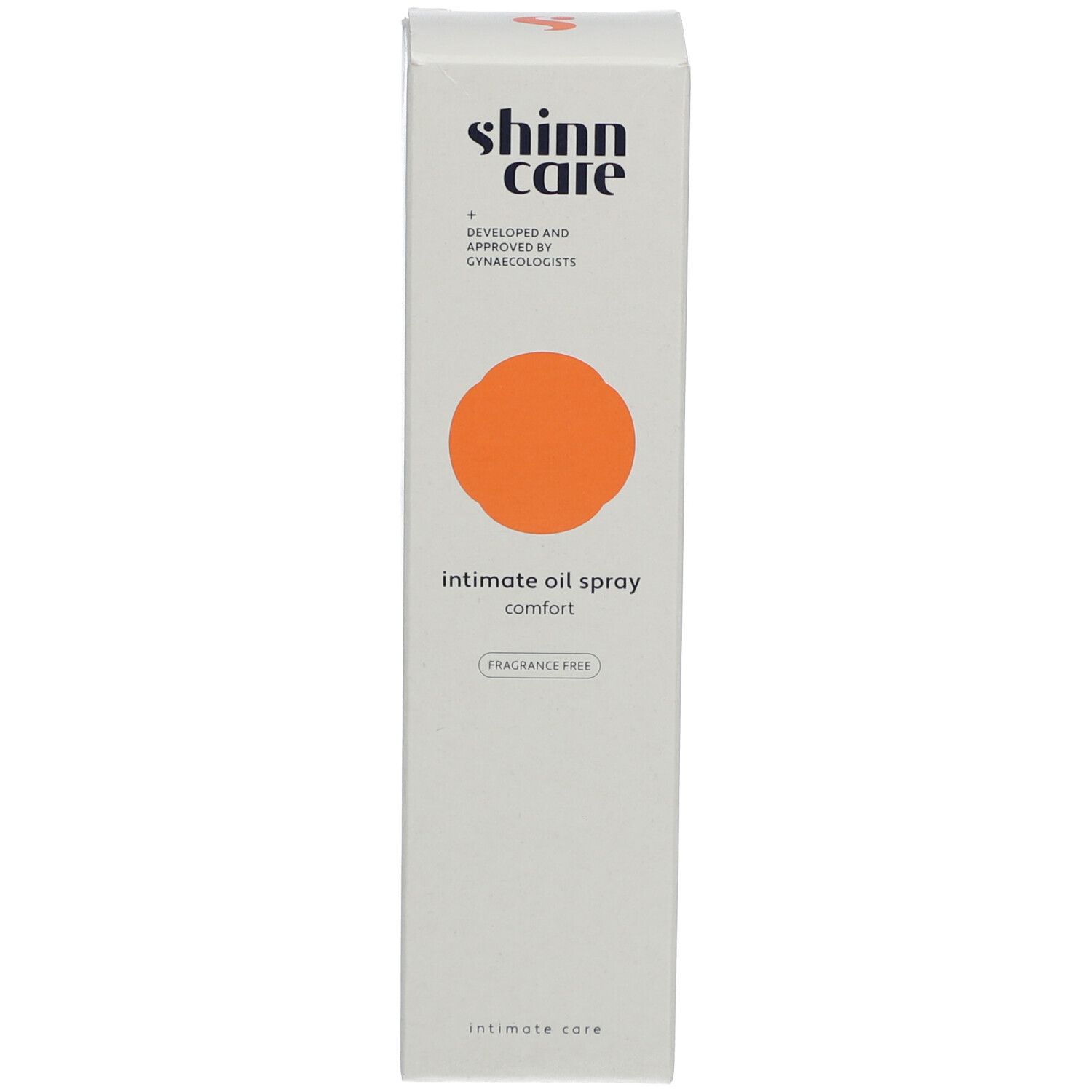 Emballage du produit. Texte : Intimate oil spray, sans parfum. Cercle orange.