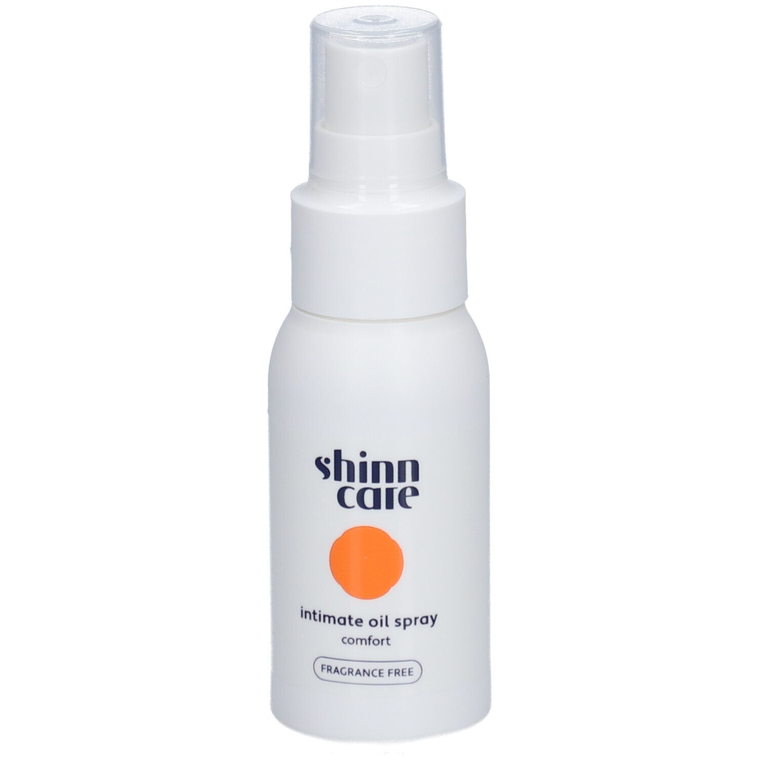Flacon blanc avec vaporisateur. Inscription : shinn care, Intimöl parfümfrei.