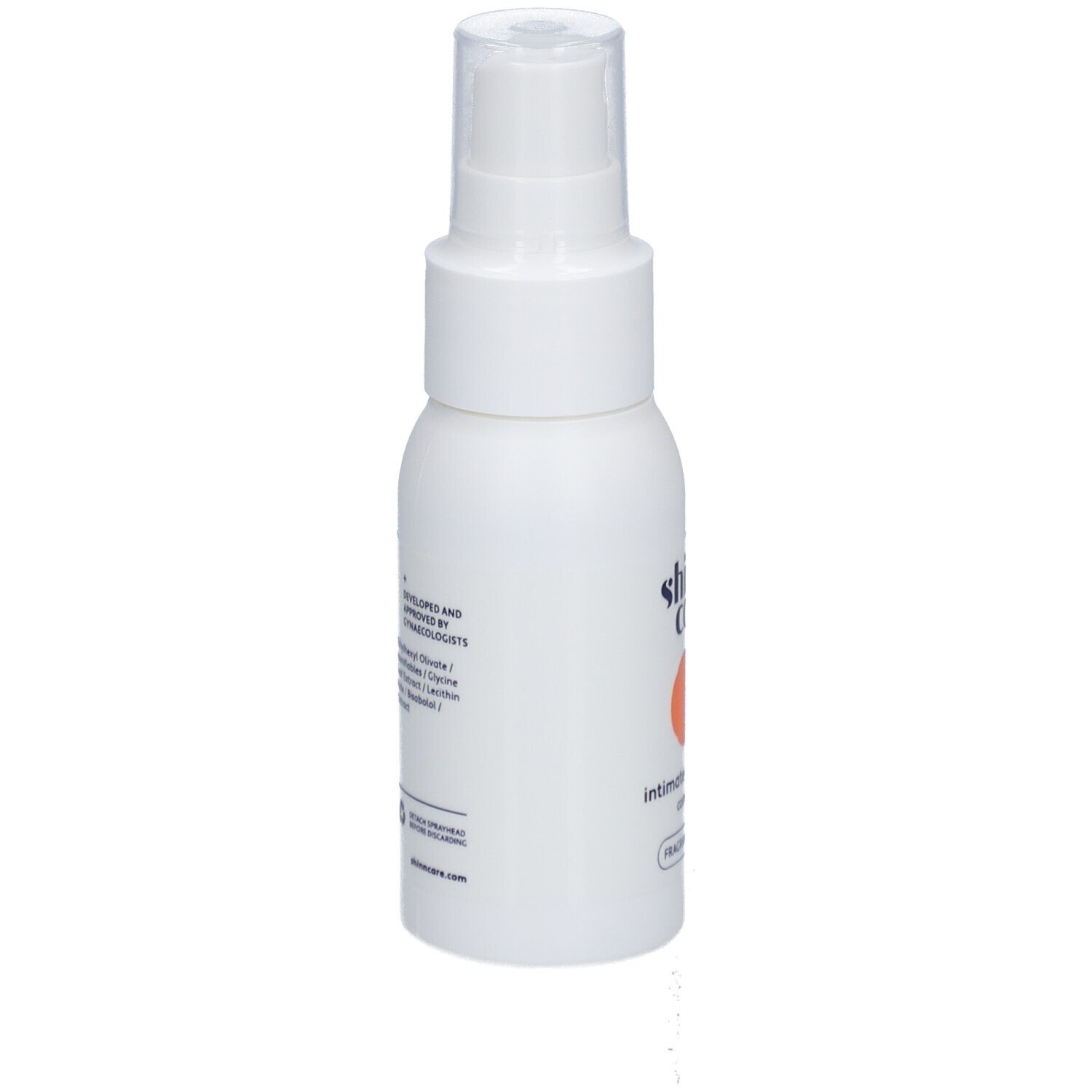 Flacon blanc avec vaporisateur. Dos avec texte et ingrédients.