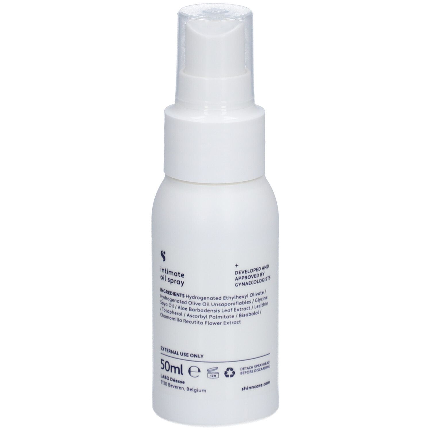 Flacon blanc avec vaporisateur. Inscription : Intimöl Spray, 50ml, ingrédients.