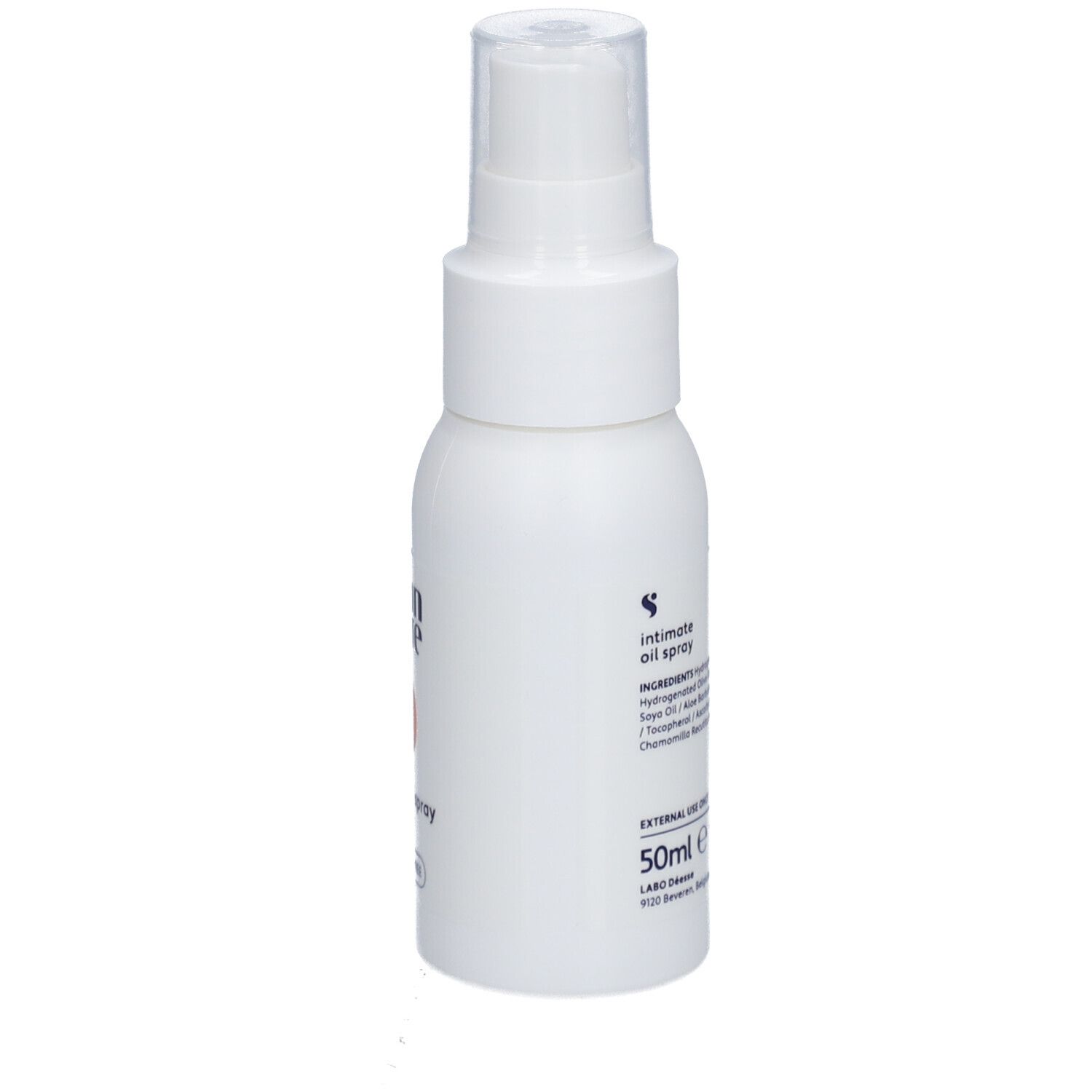Flacon blanc avec vaporisateur. Inscription : Intimöl Spray, 50ml.