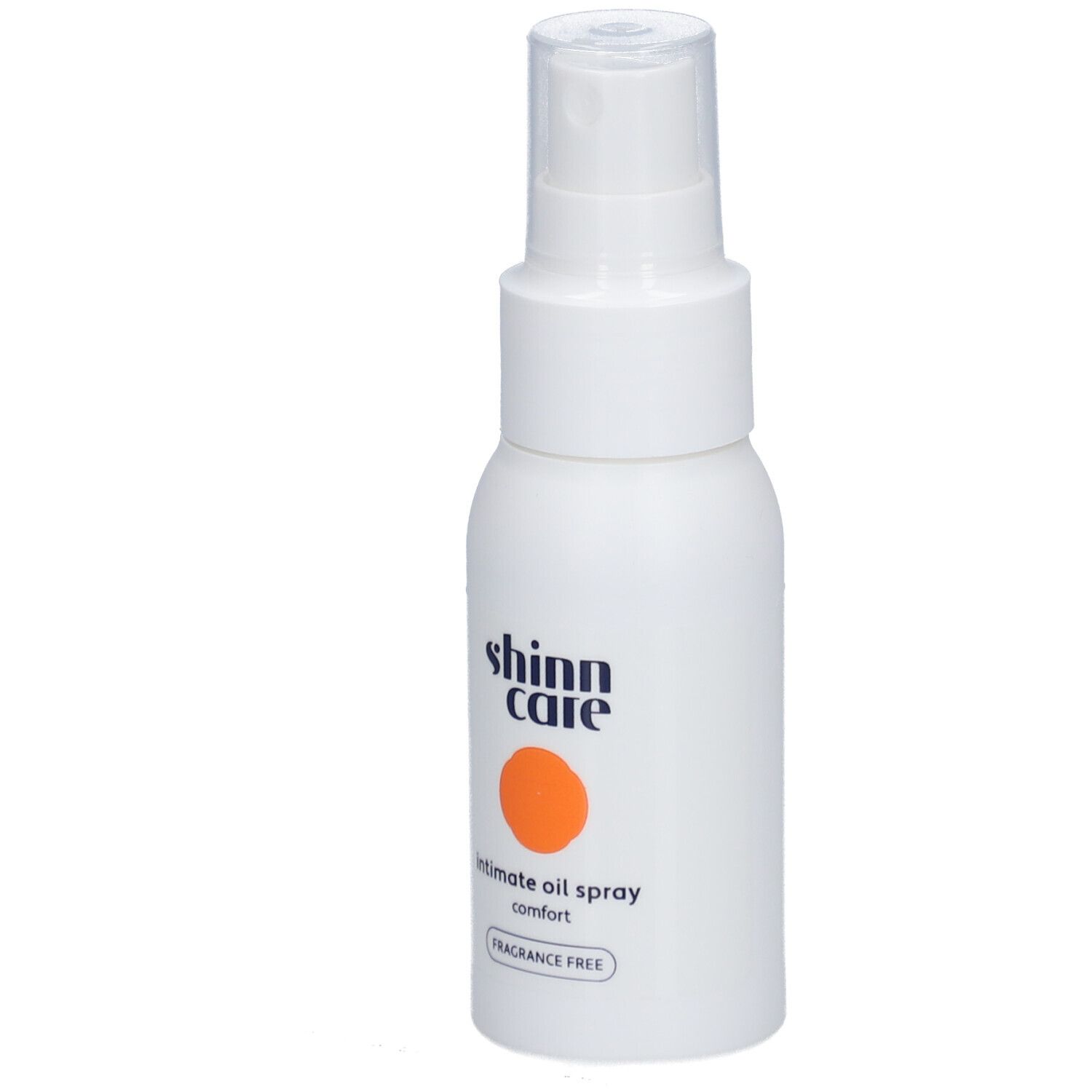 Flacon blanc avec vaporisateur. Inscription : shinn care, Intimöl parfümfrei.