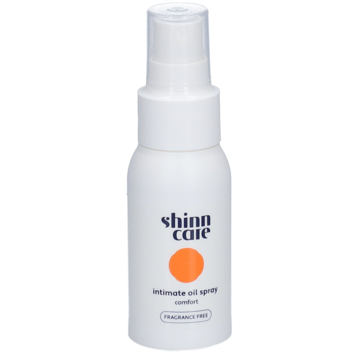Flacon blanc avec vaporisateur. Inscription : shinn care, Intimöl parfümfrei.