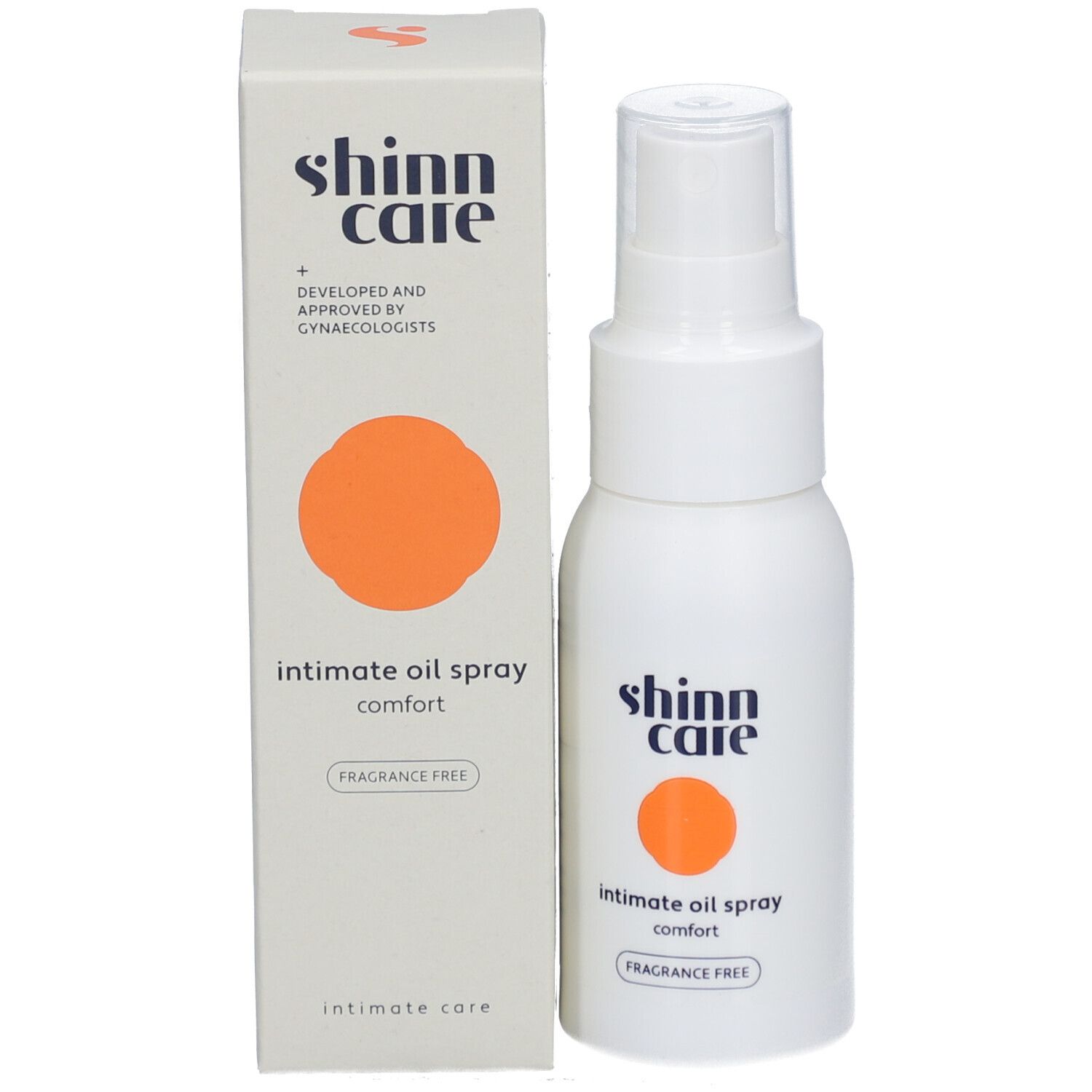 Produit et emballage. Flacon et boîte blancs. Inscription : shinn care, Intimöl.