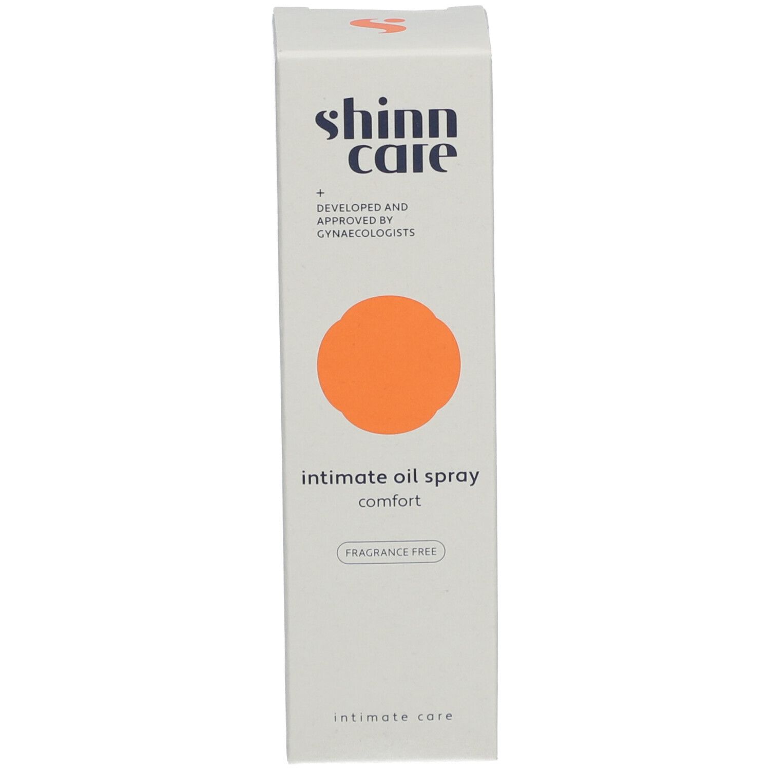 Emballage. Boîte blanche avec cercle orange. Inscription : shinn care, Intimöl.