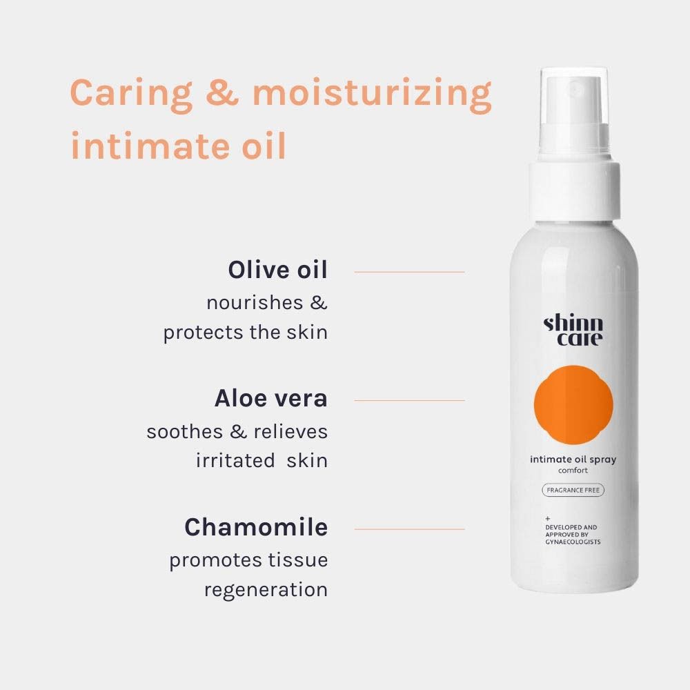 Produit et ingrédients. Flacon blanc, texte : huile d'olive, aloe vera, camomille.