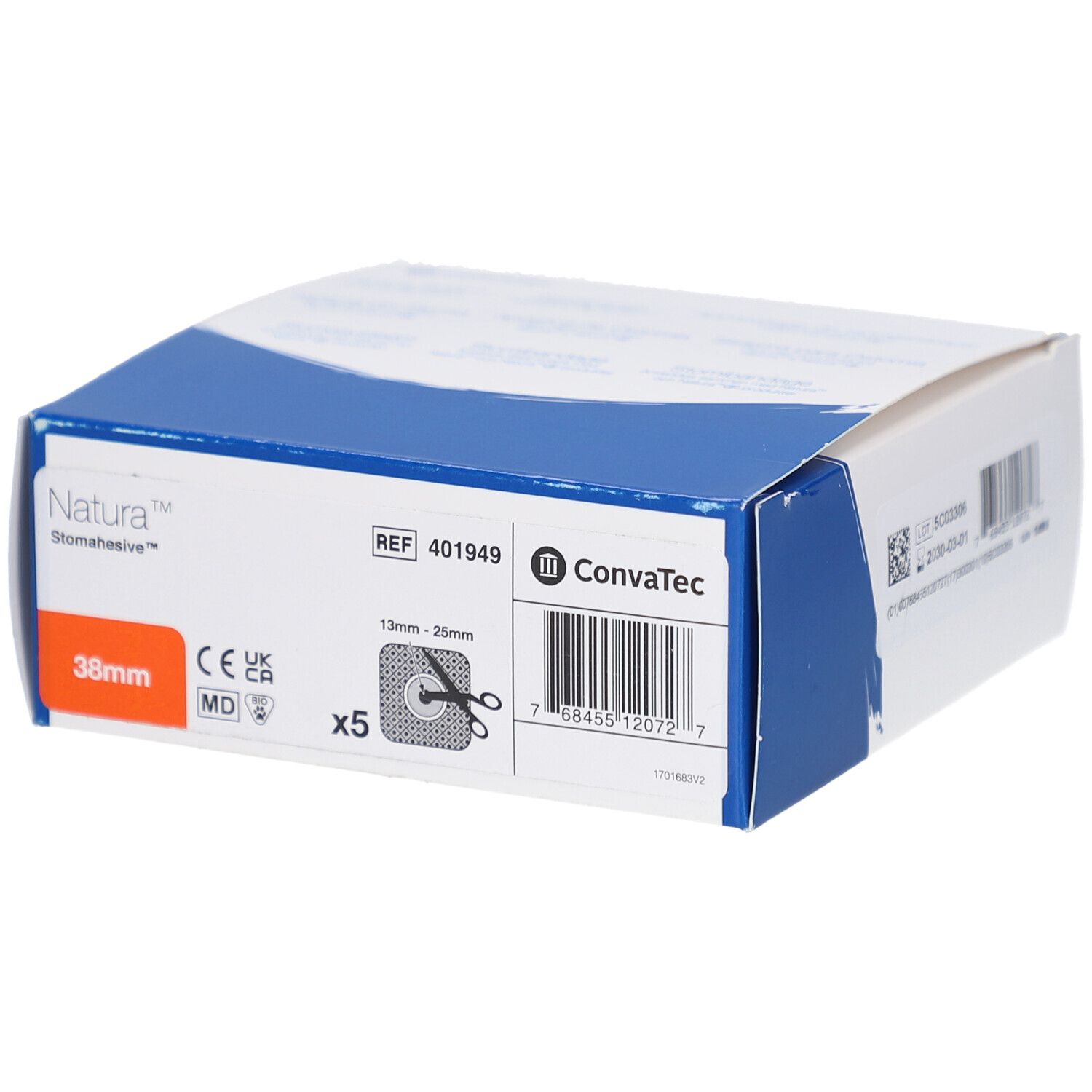Boîte Natura Stomahesive Flex Uitknipbaar, 38 mm. Contient 5 pièces. Référence 401949. Avec marquage CE et code-barres.