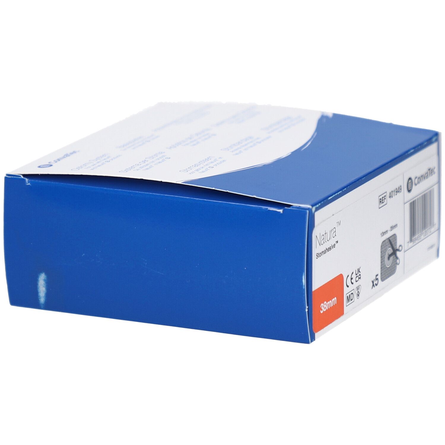 Boîte bleue avec informations produit. Natura Stomahesive Flex Uitknipbaar, 38 mm. Avec marquage CE.