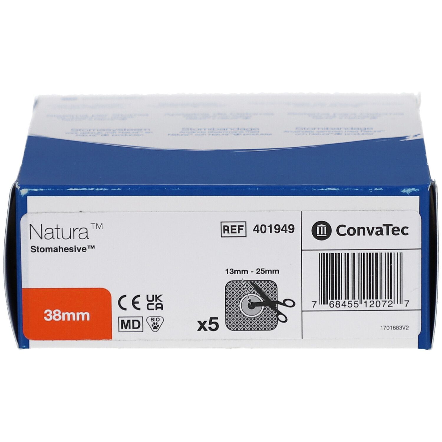 Boîte avec informations produit. Natura Stomahesive Flex Uitknipbaar, 38 mm. Contient 5 pièces. Avec marquage CE.