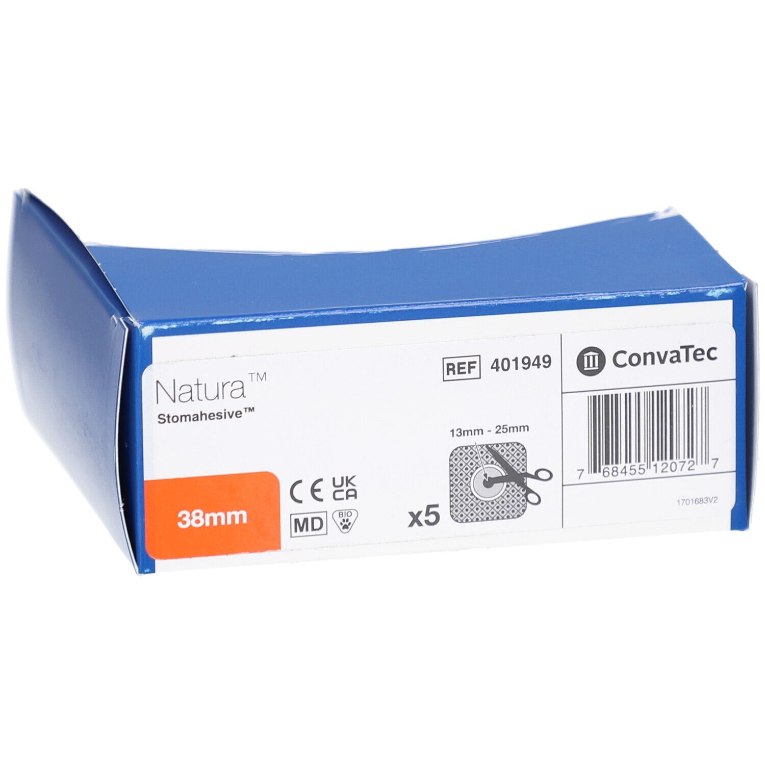 Boîte avec informations produit. Natura Stomahesive Flex Uitknipbaar, 38 mm. Contient 5 pièces. Avec marquage CE.