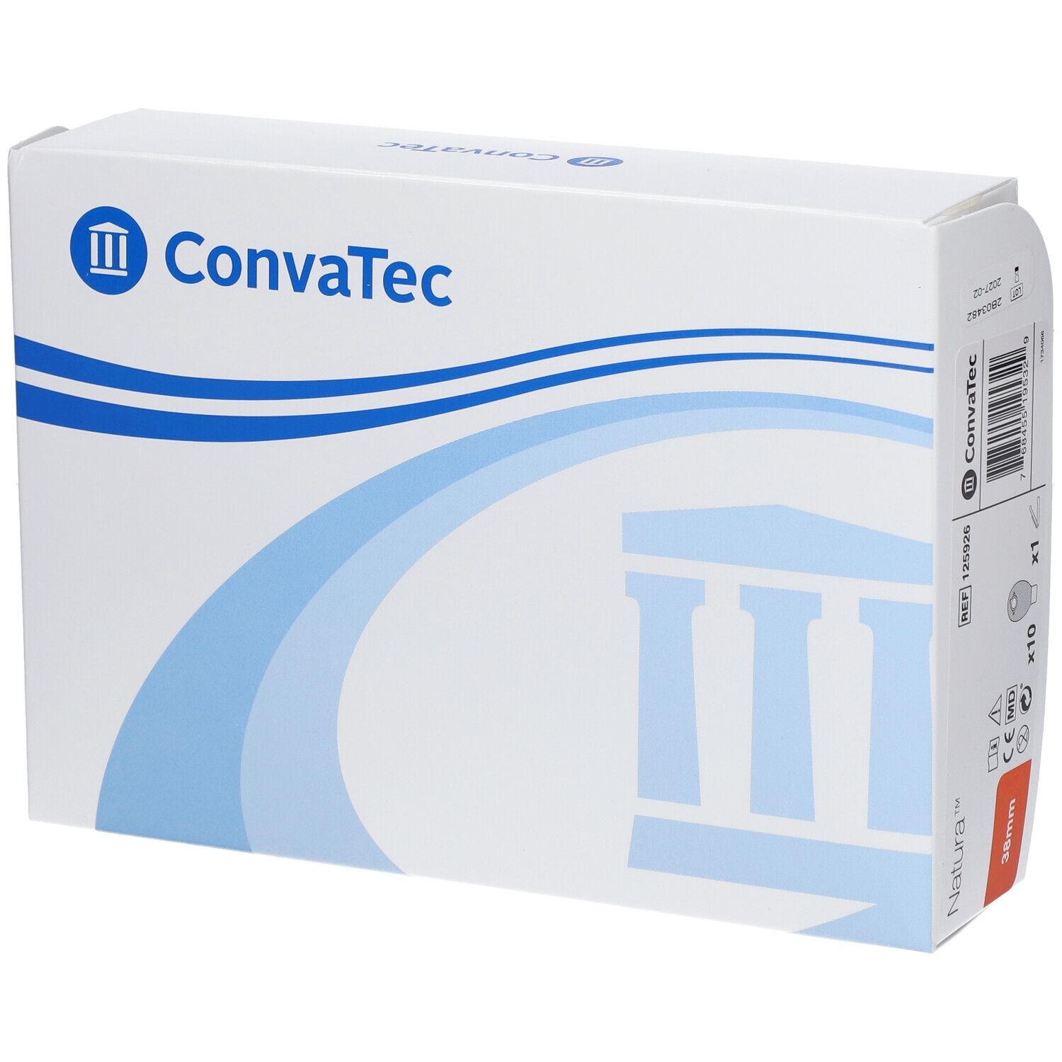 Boîte blanche ConvaTec avec accents bleus. Contient 10 pièces. 38 mm. Code-barres et informations produit.