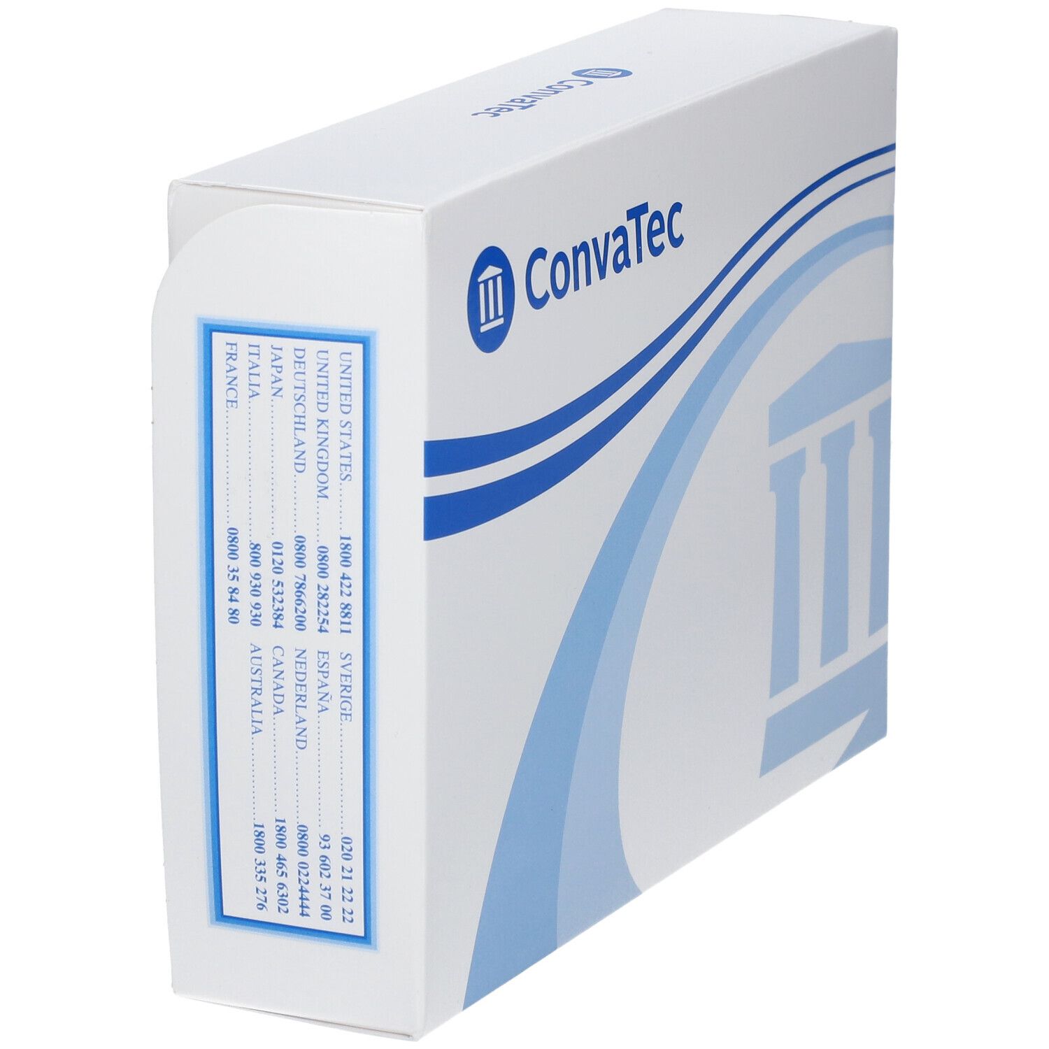 Boîte blanche ConvaTec. Impression avec informations de contact pour différents pays.