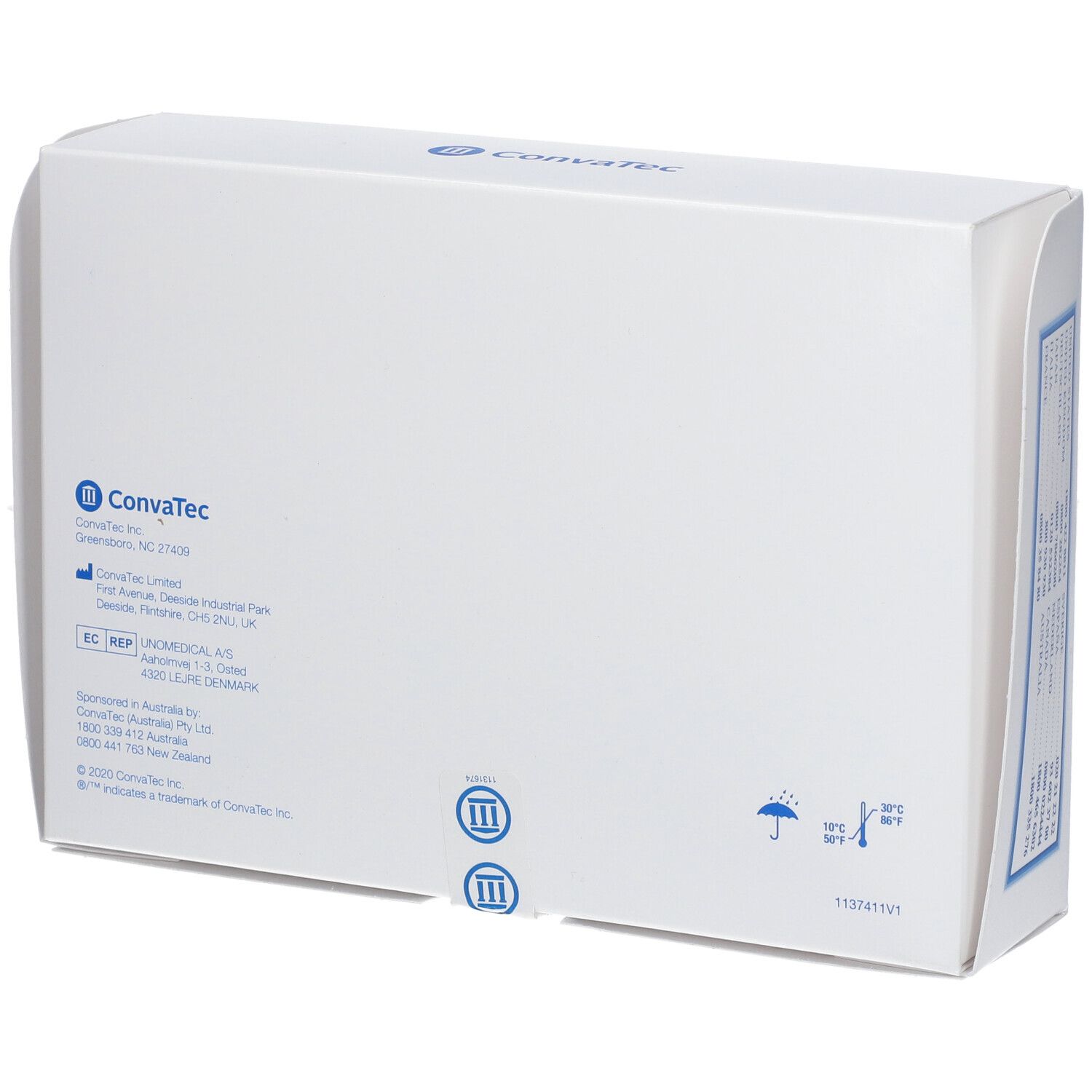 Dos de la boîte blanche ConvaTec. Contient des informations et des symboles.