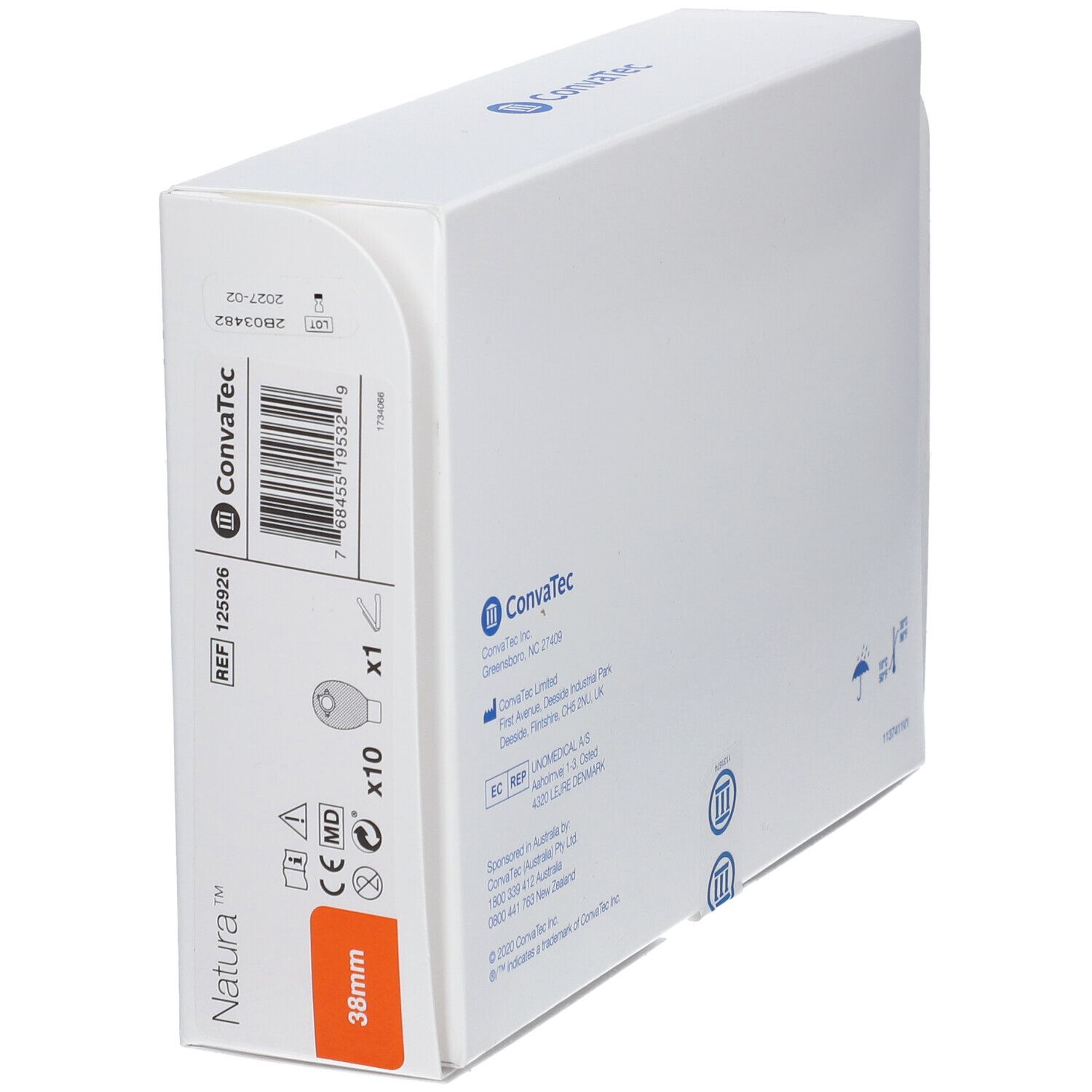 Boîte blanche ConvaTec avec code-barres et informations produit. Natura 38 mm.