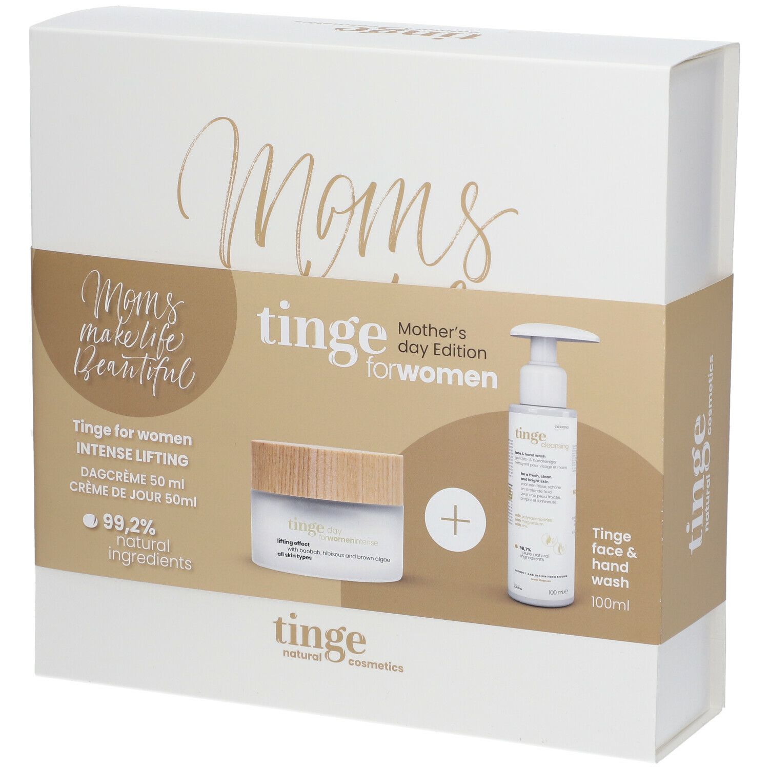 Coffret cadeau avec crème et gel lavant. Emballage avec inscription « Moms ». Marque : Tinge.
