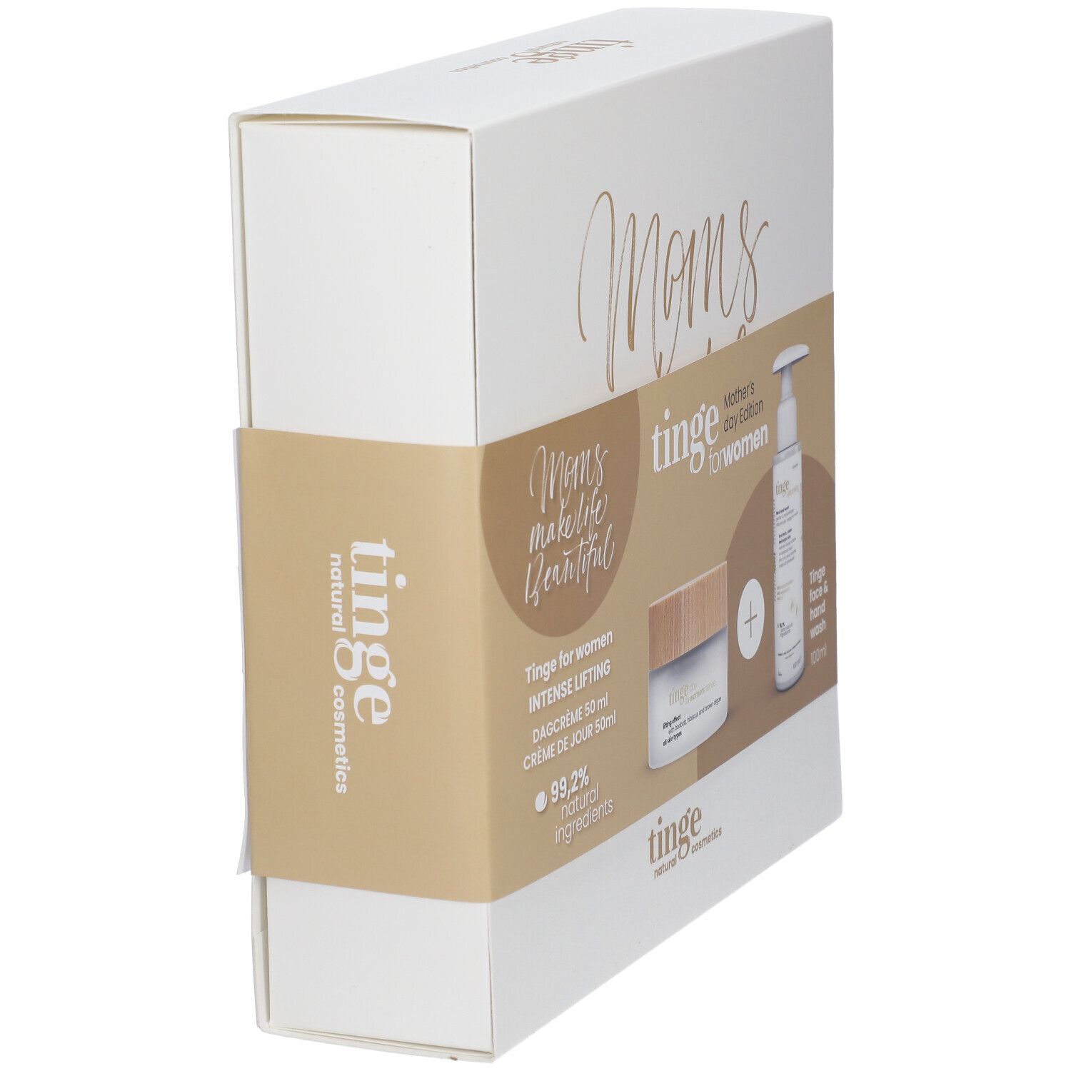 Coffret cadeau avec crème et gel lavant. Emballage avec inscription « Moms ». Marque : Tinge.