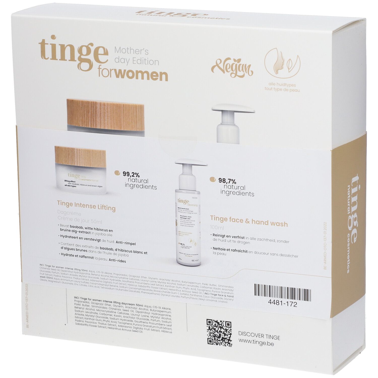 Dos du coffret cadeau avec informations sur le produit. Contient crème, gel lavant et ingrédients. Marque : Tinge.