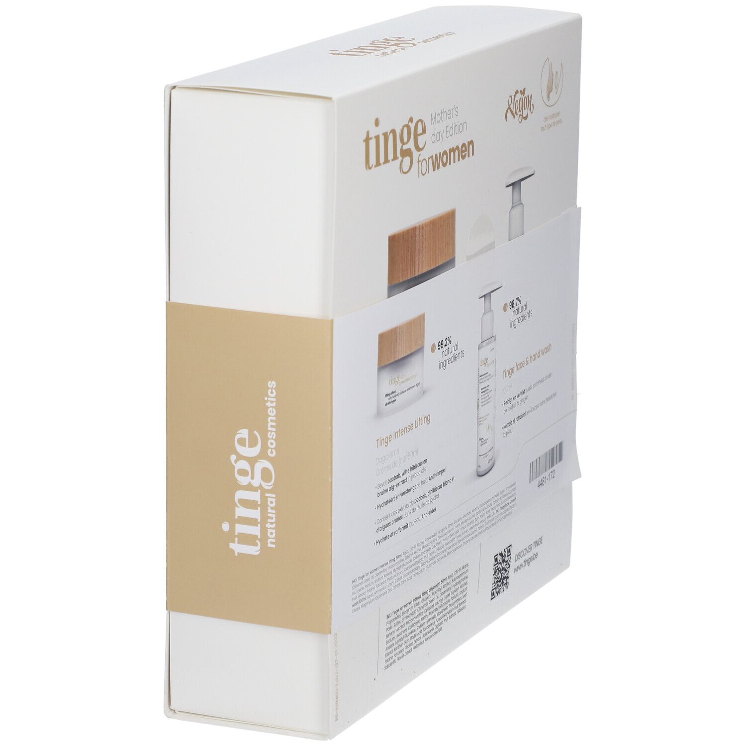 Coffret cadeau avec crème et gel lavant. Dos avec informations sur le produit. Marque : Tinge.