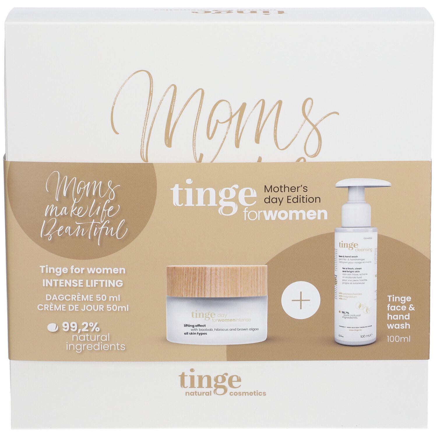 Coffret cadeau avec crème et gel lavant. Emballage avec inscription « Moms ». Marque : Tinge.