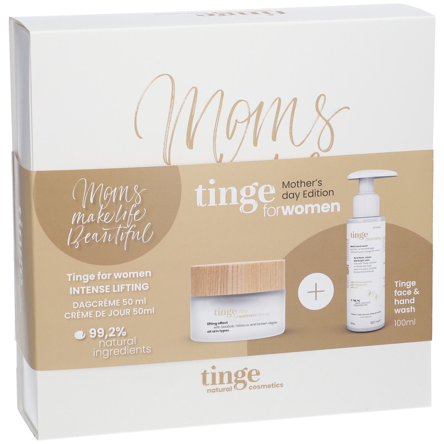 Coffret cadeau avec crème et gel lavant. Emballage avec inscription « Moms ». Marque : Tinge.