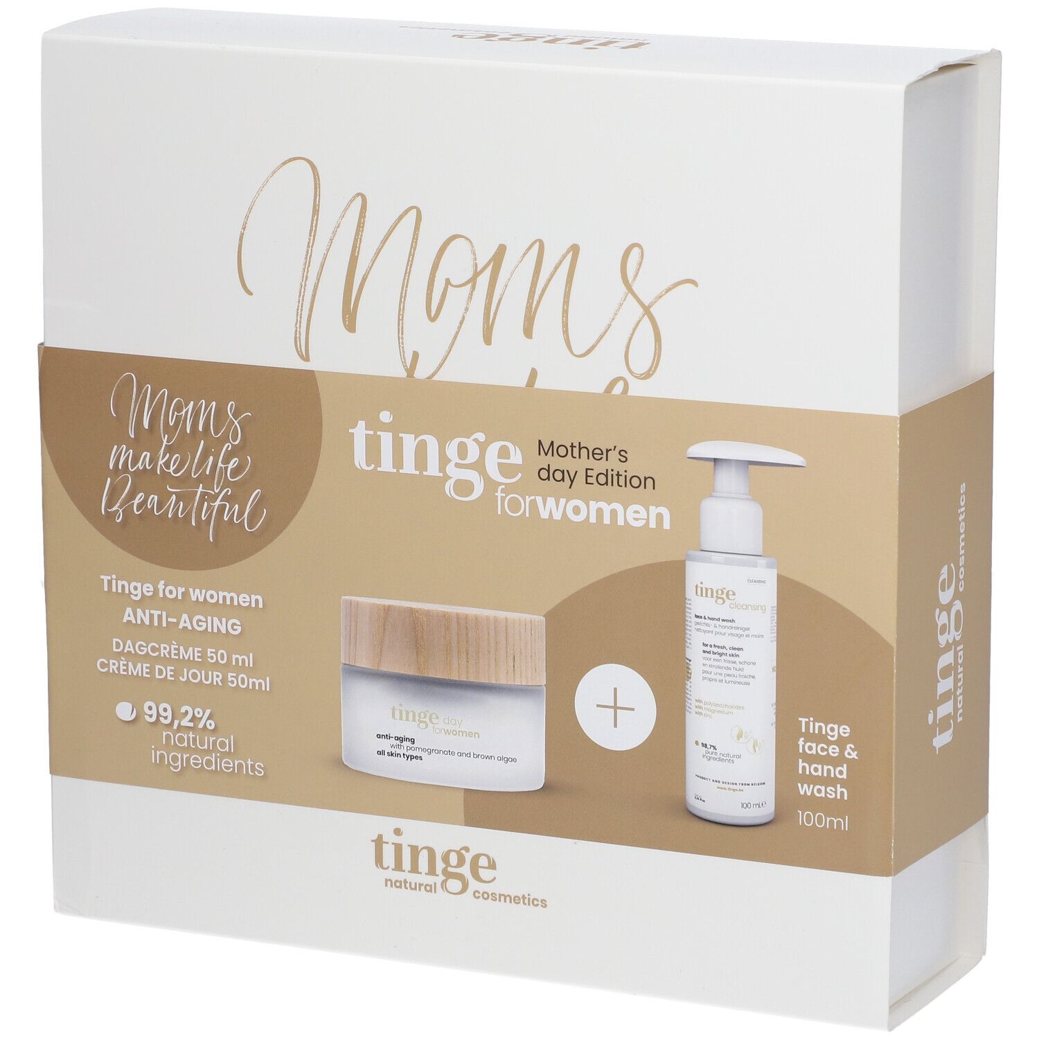 Coffret cadeau pour femmes. Contient crème et nettoyant. Emballage avec inscription 'Moms'.