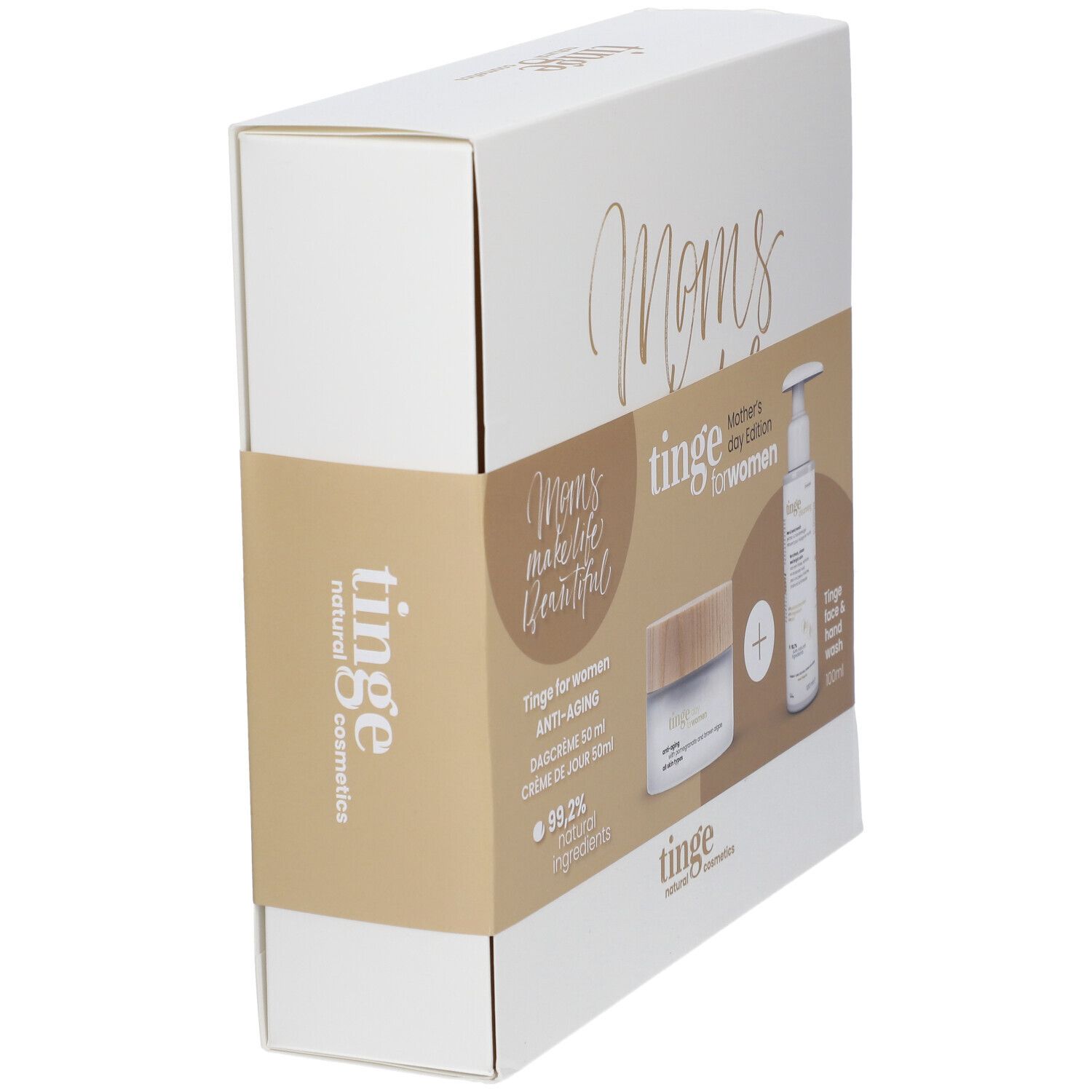 Coffret cadeau pour femmes. Emballage avec crème et nettoyant. Vue latérale avec inscription.