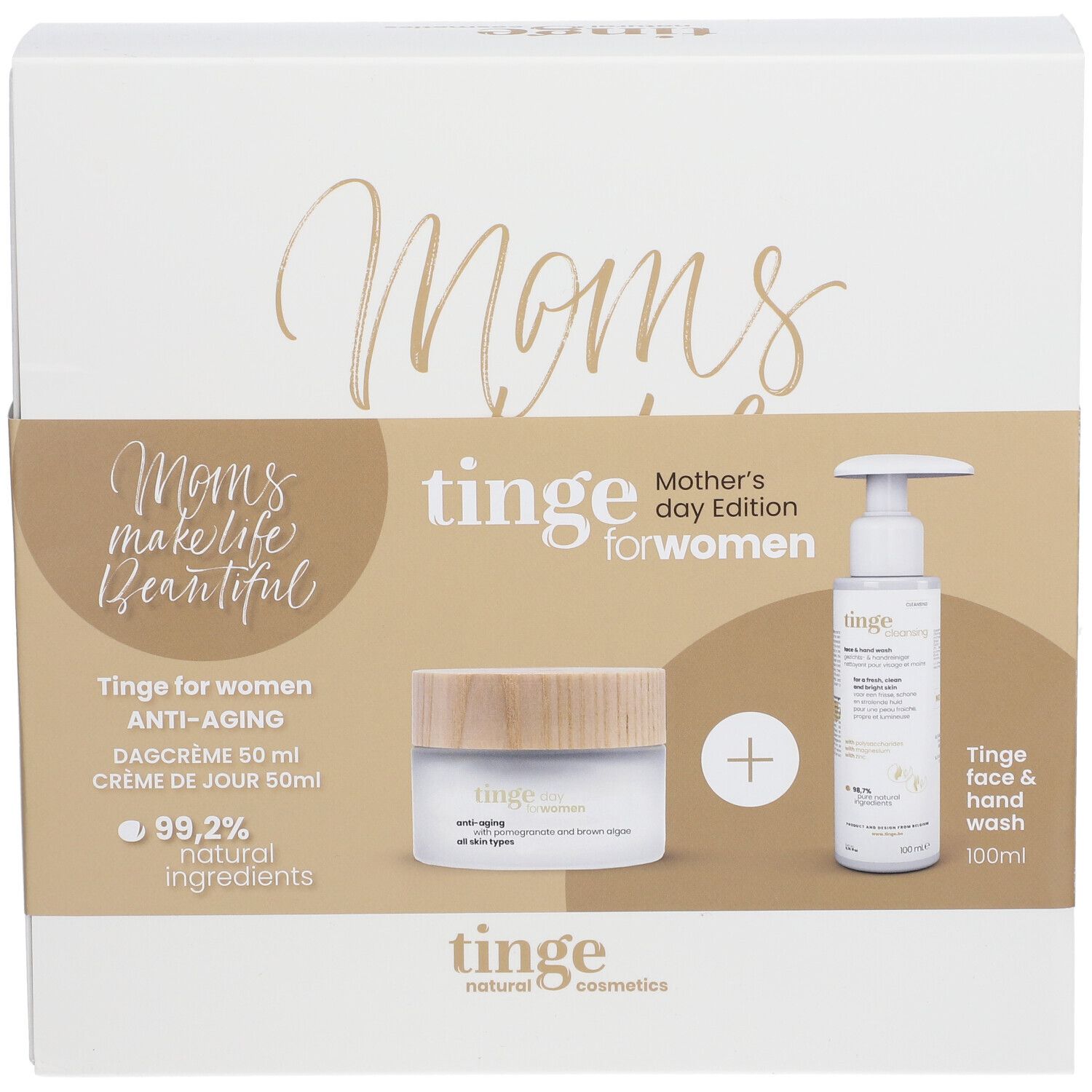 Coffret cadeau pour femmes. Contient crème et nettoyant. Emballage avec inscription 'Moms'.