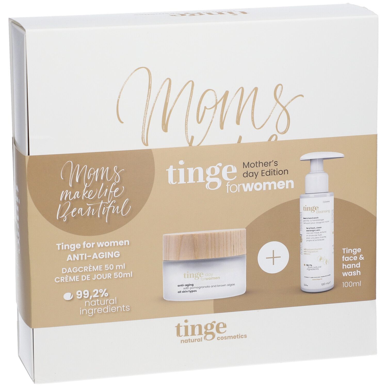 Coffret cadeau pour femmes. Contient crème et nettoyant. Emballage avec inscription 'Moms'.