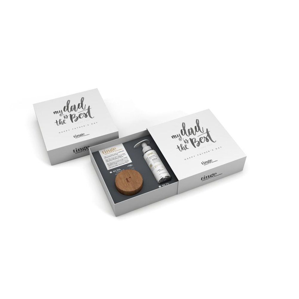 Coffret cadeau Tinge for Men Anti-Âge ouvert avec pot et flacon pompe.