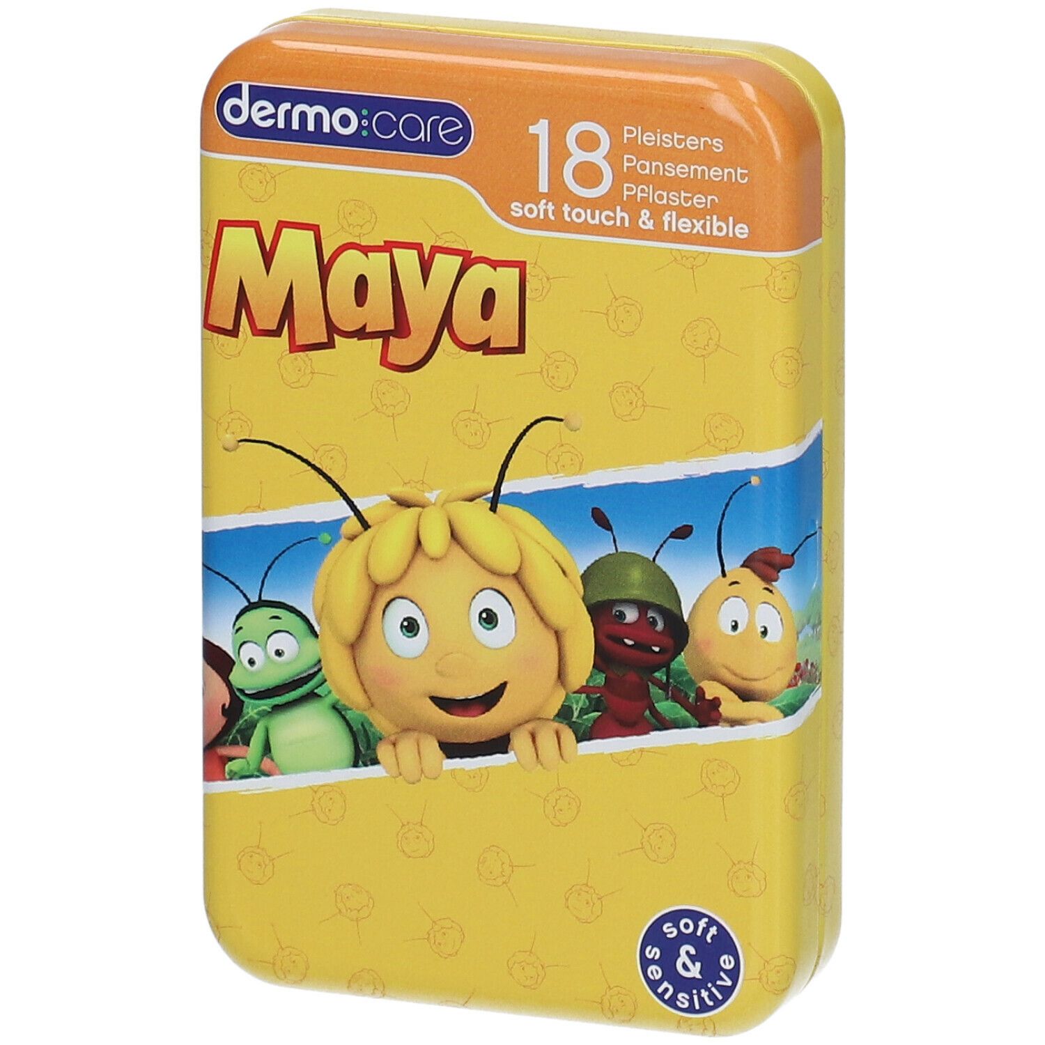 Boîte métallique jaune avec "dermo:care" et "Maya". Contient 18 pansements. Illustration de Maya l'abeille et amis.