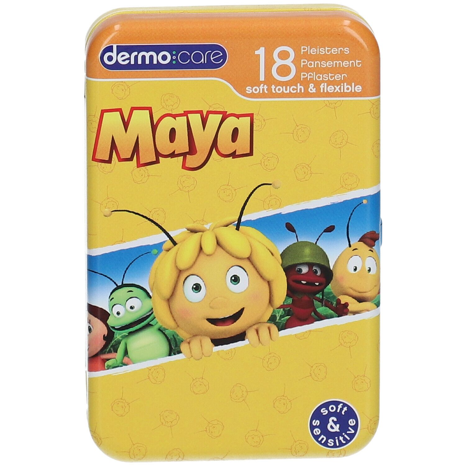 Boîte métallique jaune avec "dermo:care" et "Maya". Contient 18 pansements. Illustration de Maya l'abeille et amis.